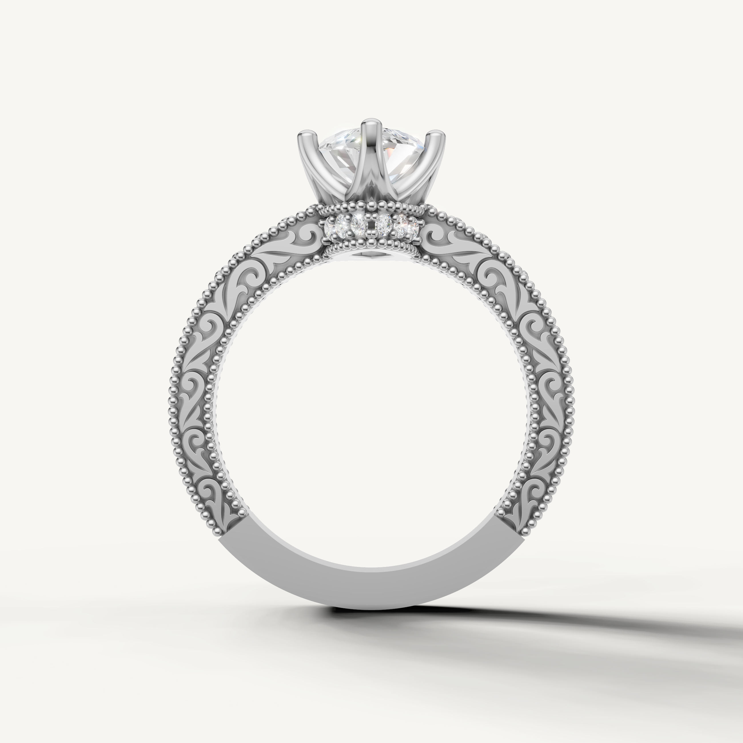 Vintage-inspired marquise cut lab grown diamond engagement ring with ornate white gold band by Raul Diamonds.
