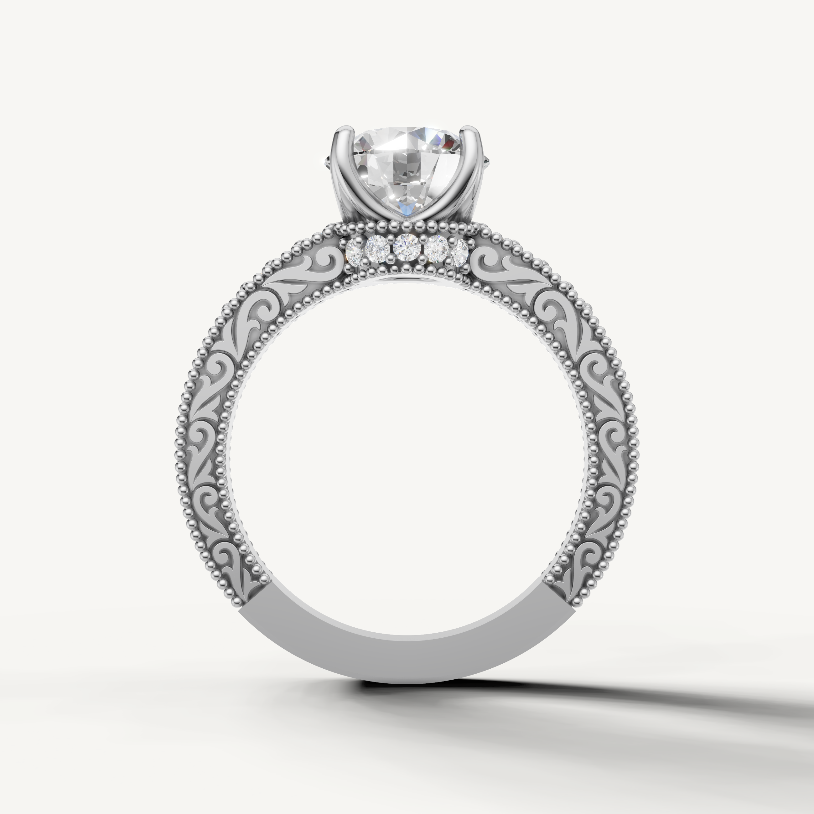 Vintage-style round cut lab grown diamond engagement ring with decorative white gold band and intricate milgrain details by Raul Diamonds.