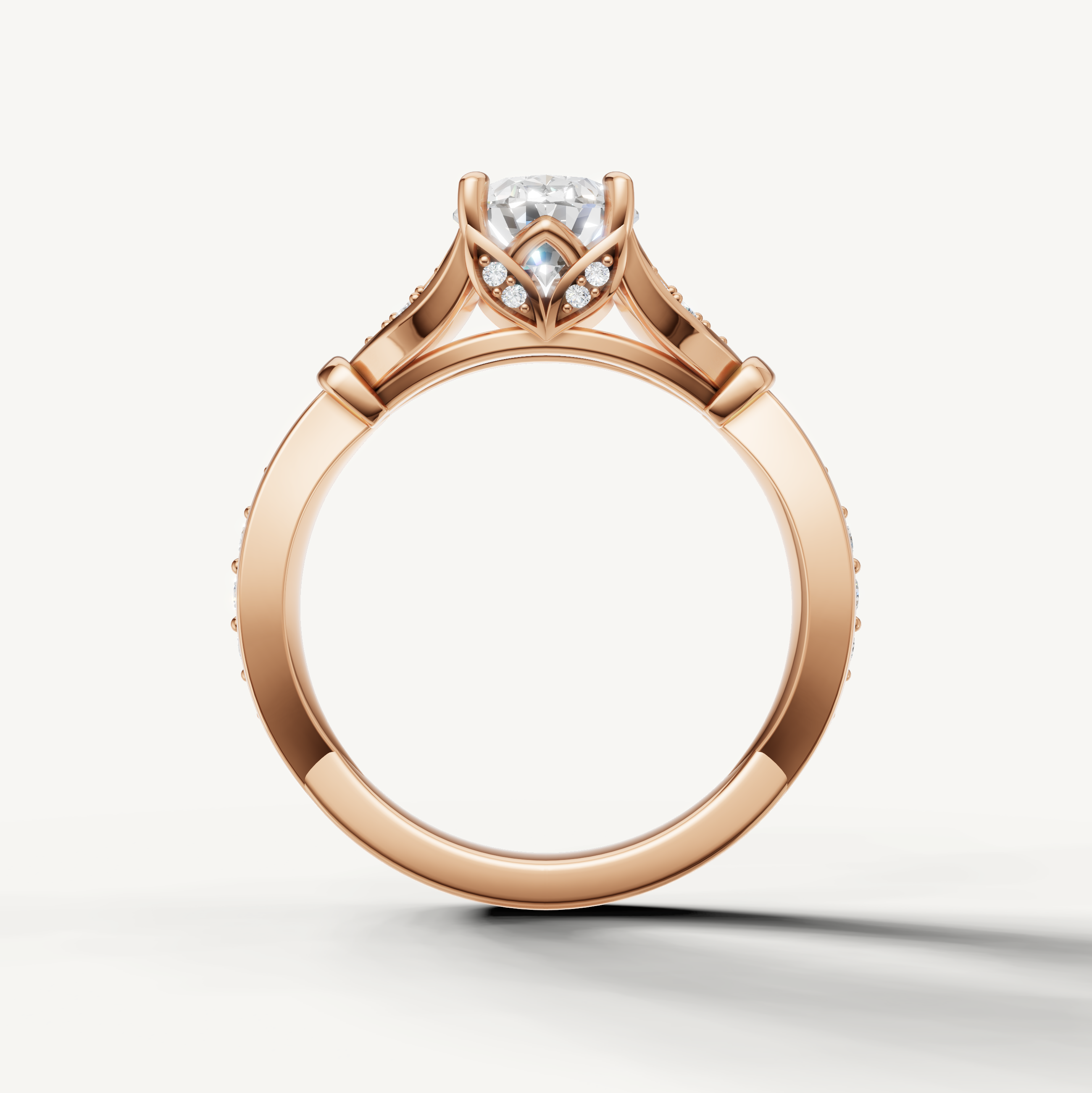 Raul Diamonds rose gold oval cut engagement ring with intricate pavé twist detailing and timeless elegance