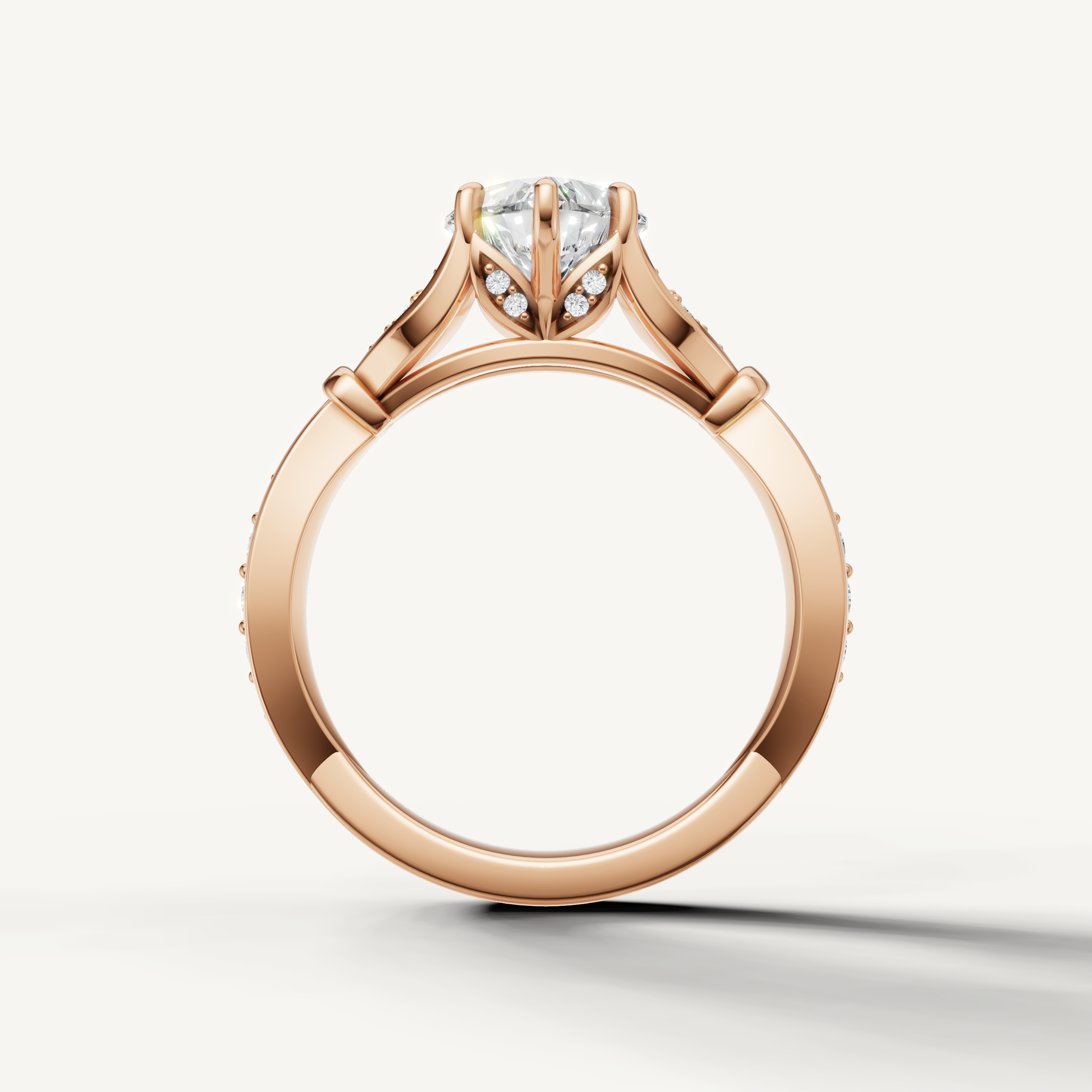 heart shaped lab grown diamond ring with leaf design pavé band rose gold