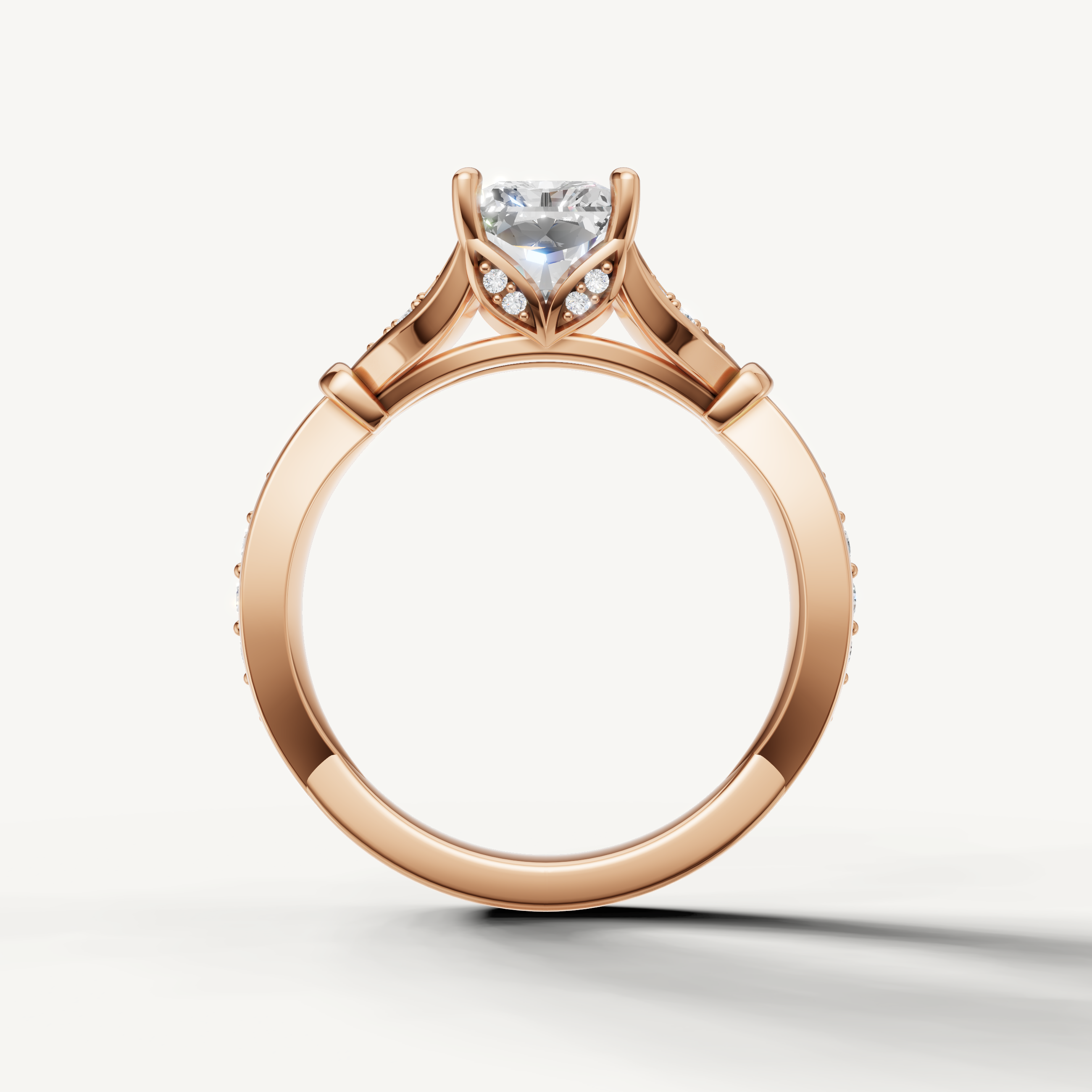 radiant cut lab grown diamond ring with leaf design pavé band rose gold