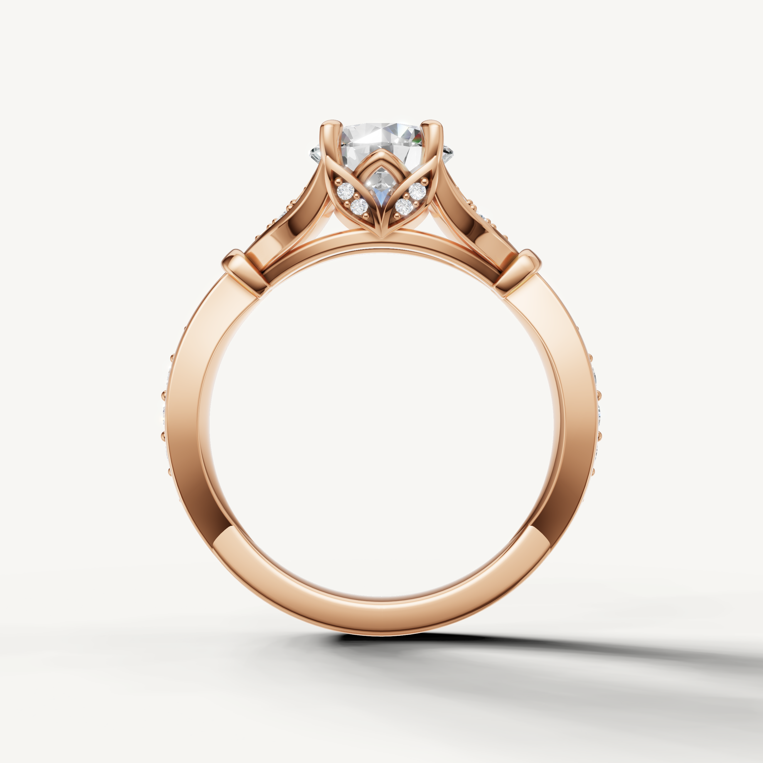 round lab grown diamond ring with leaf design pavé band rose gold