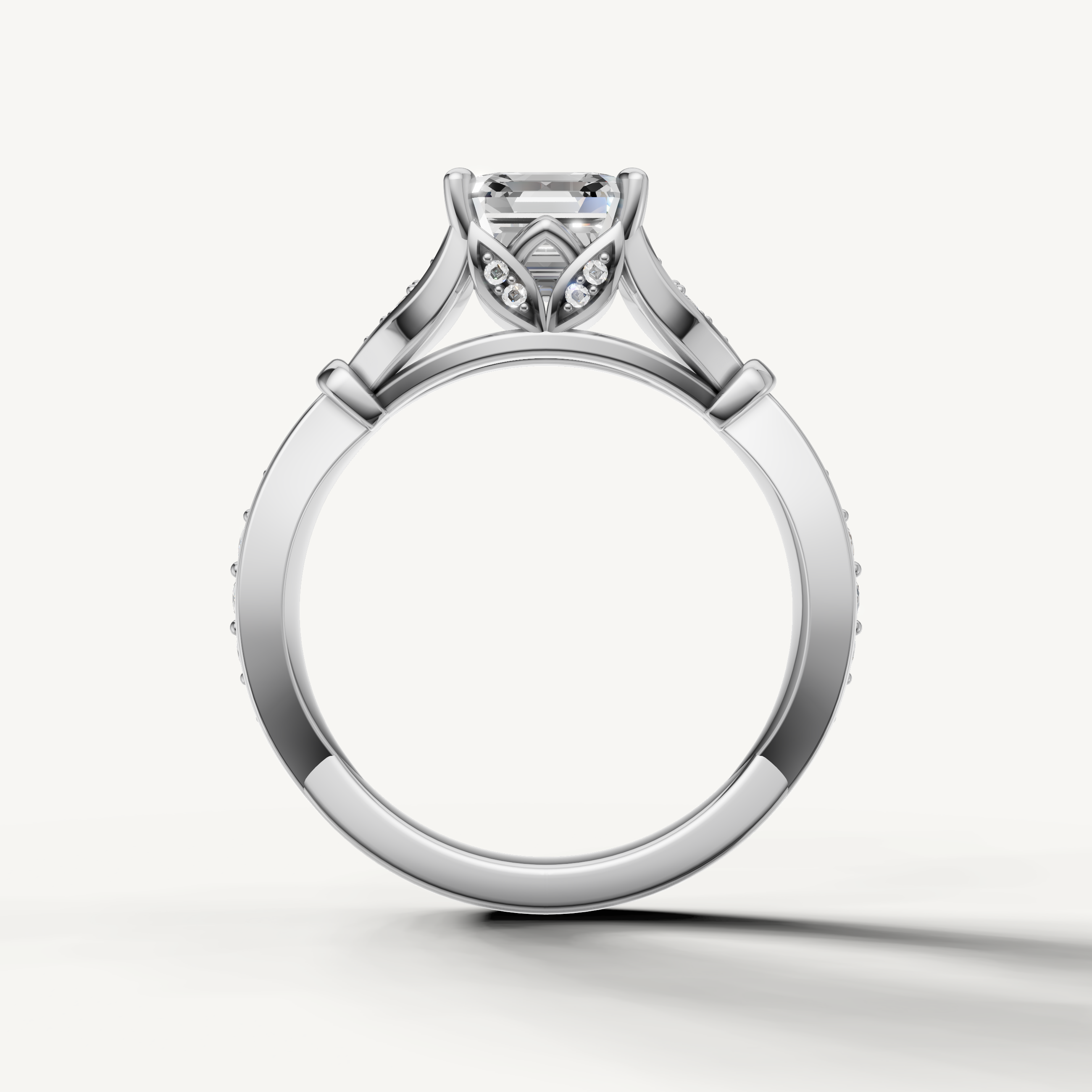 asscher cut lab grown diamond ring with knot design pavé band white gold