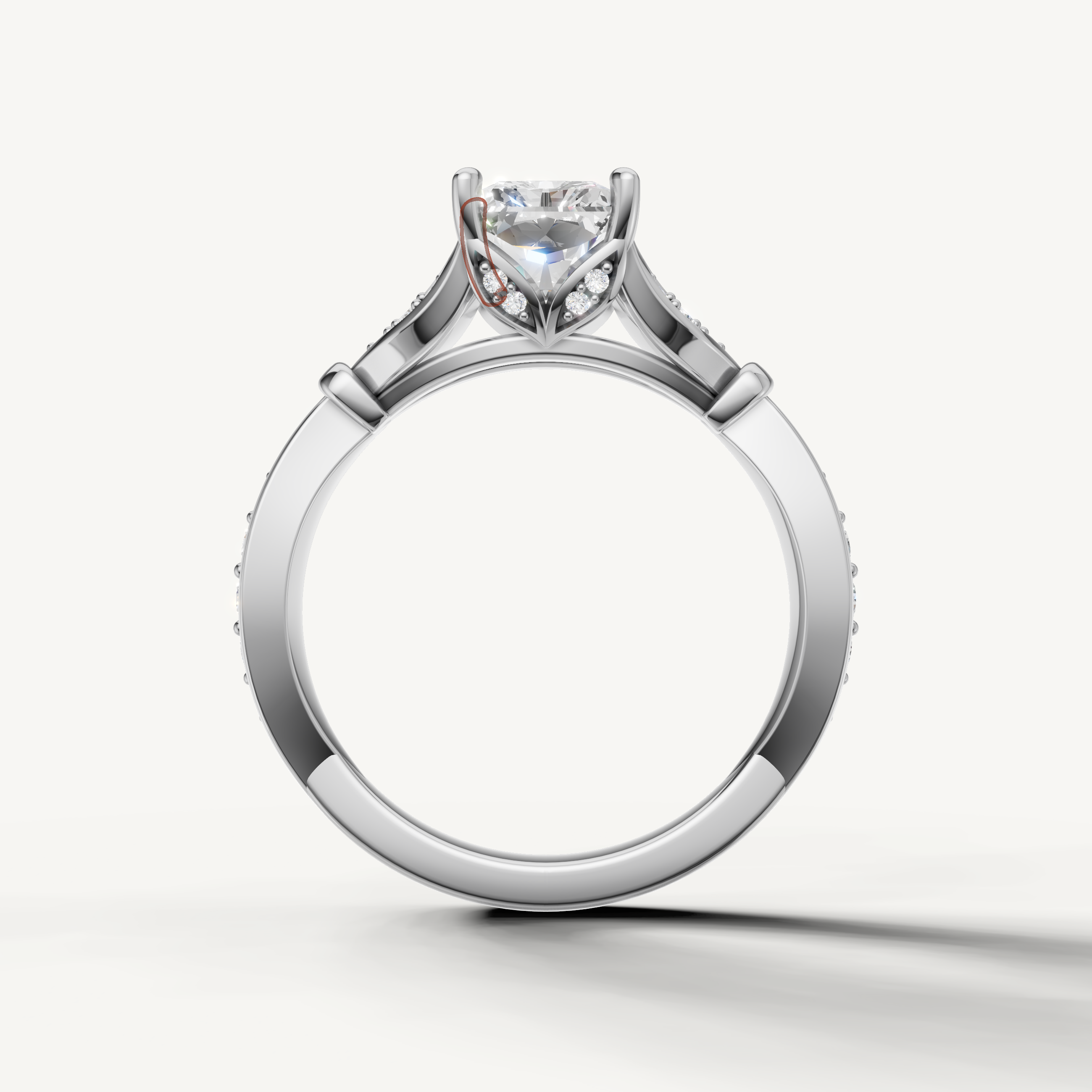 radiant cut lab grown diamond ring with leaf design pavé band white gold