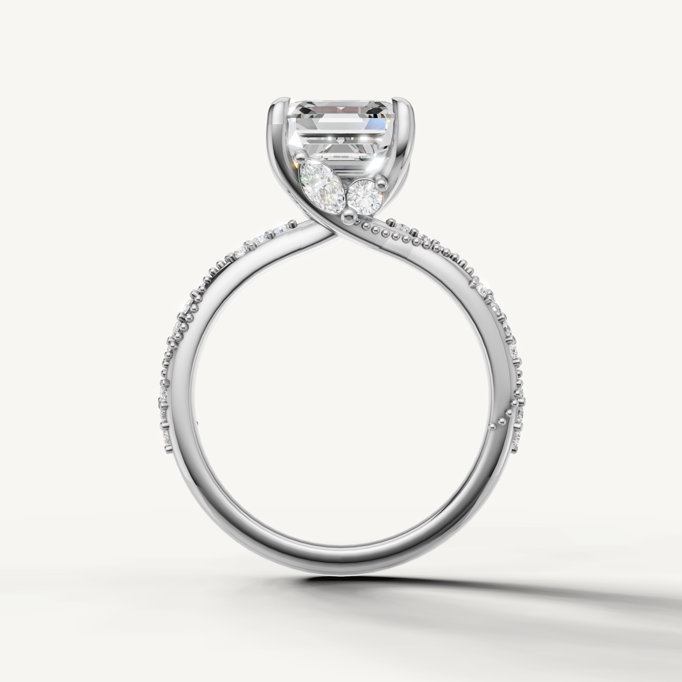asscher cut lab grown diamond ring with elegant twisted shank pavé band white gold