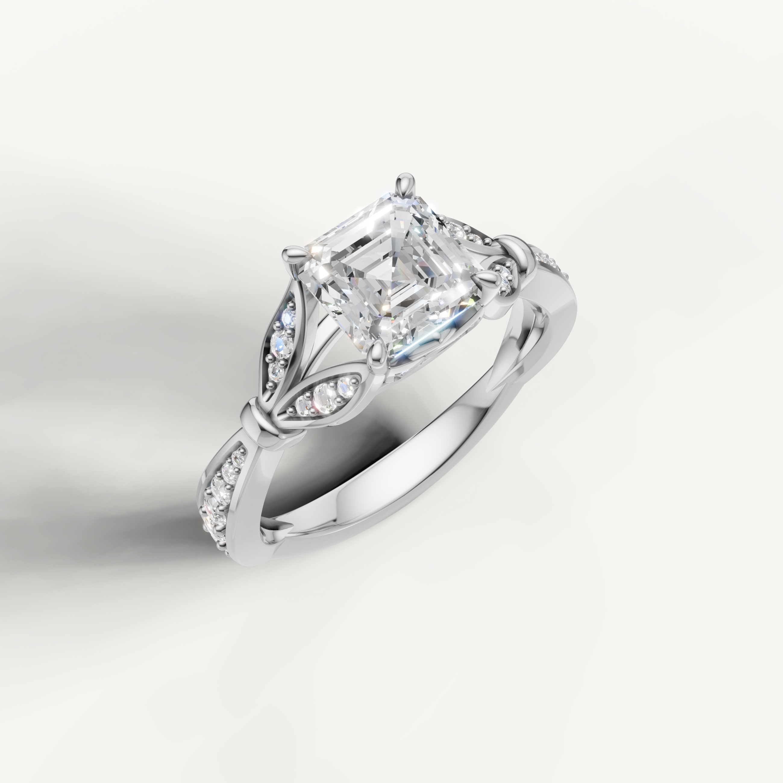 IGI certified asscher lab diamond ring with infinity style pavé setting 14k white gold