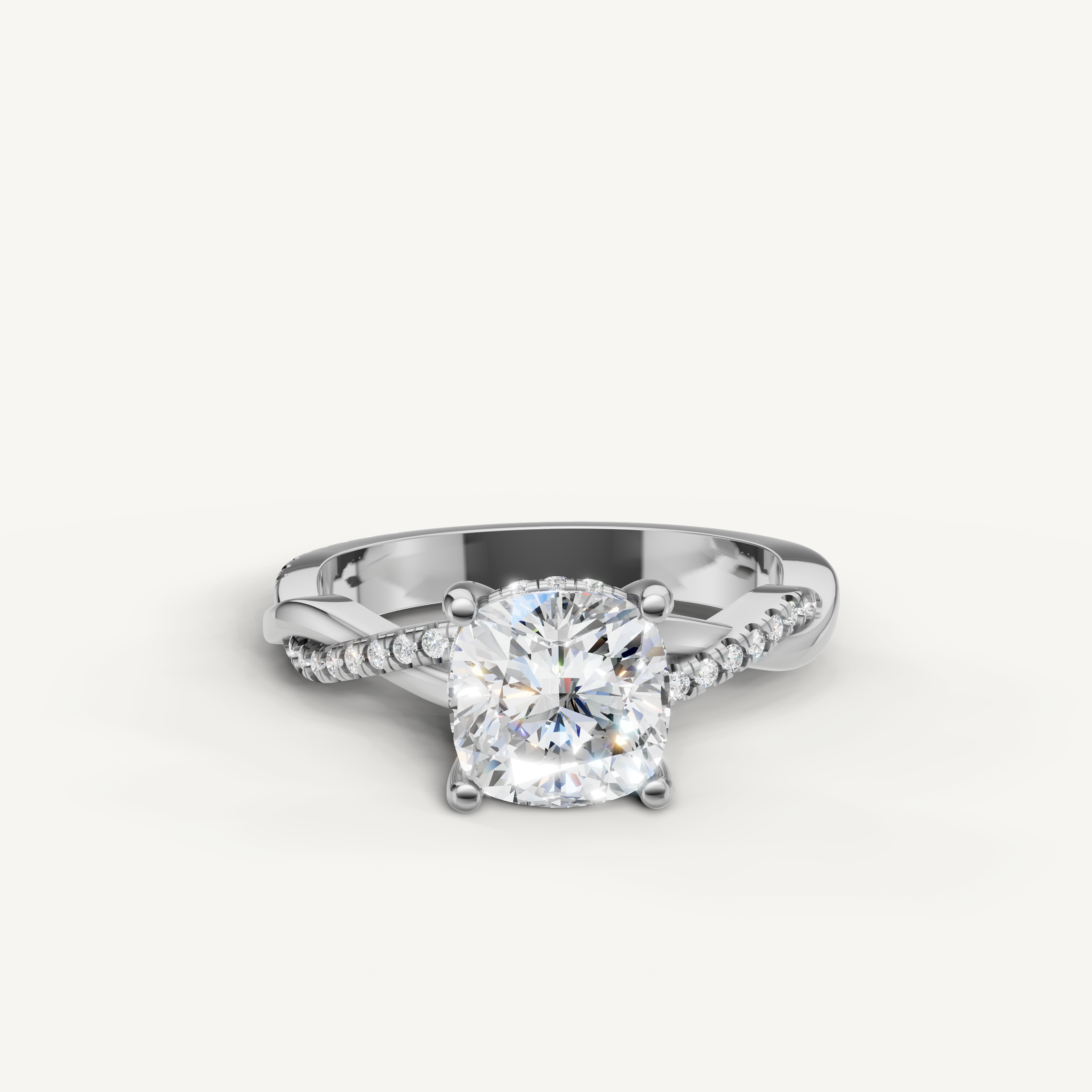 cushion cut lab grown diamond bypass engagement ring in 14k white gold with pavé diamond split shank