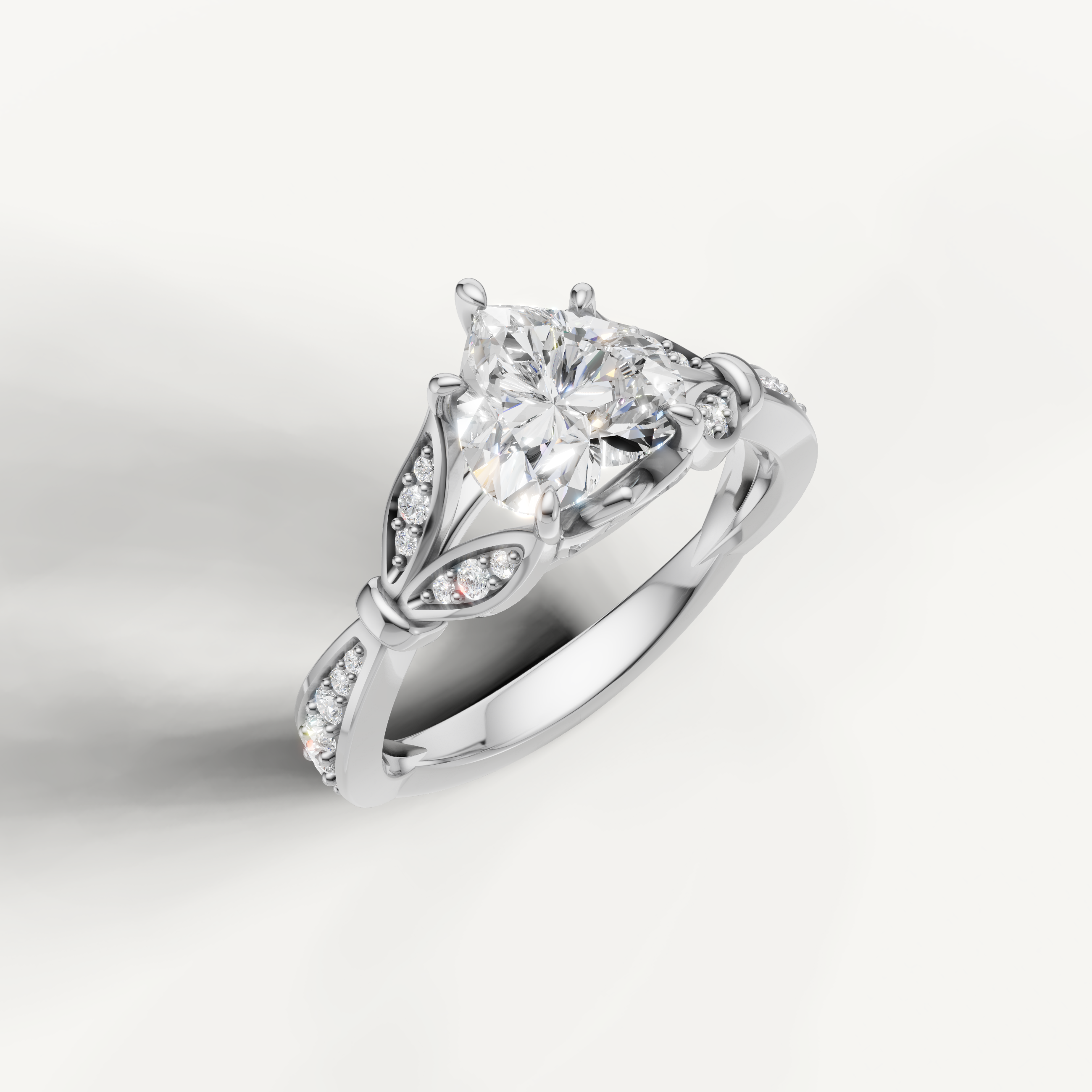 IGI certified heart shape lab diamond ring with leaf motif pavé setting 14k white gold