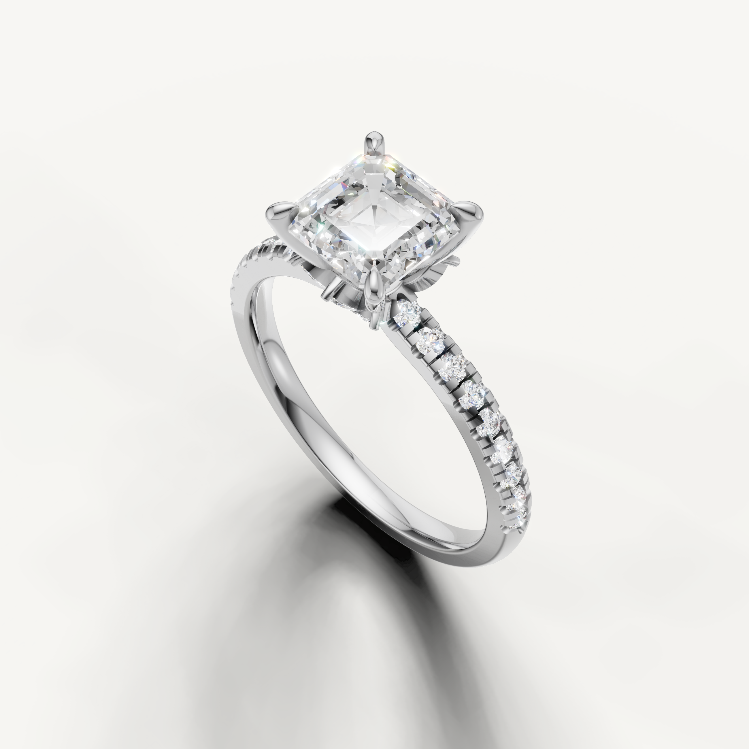 Asscher solitaire diamond ring with pavé band white gold vintage inspired style