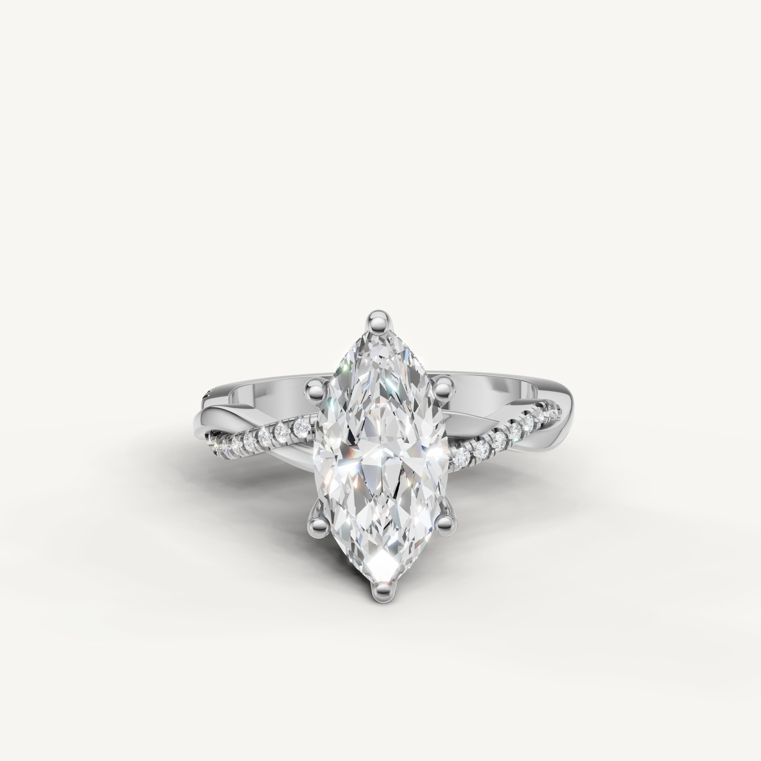marquise cut lab grown diamond bypass engagement ring in 14k white gold with pavé diamond split shank