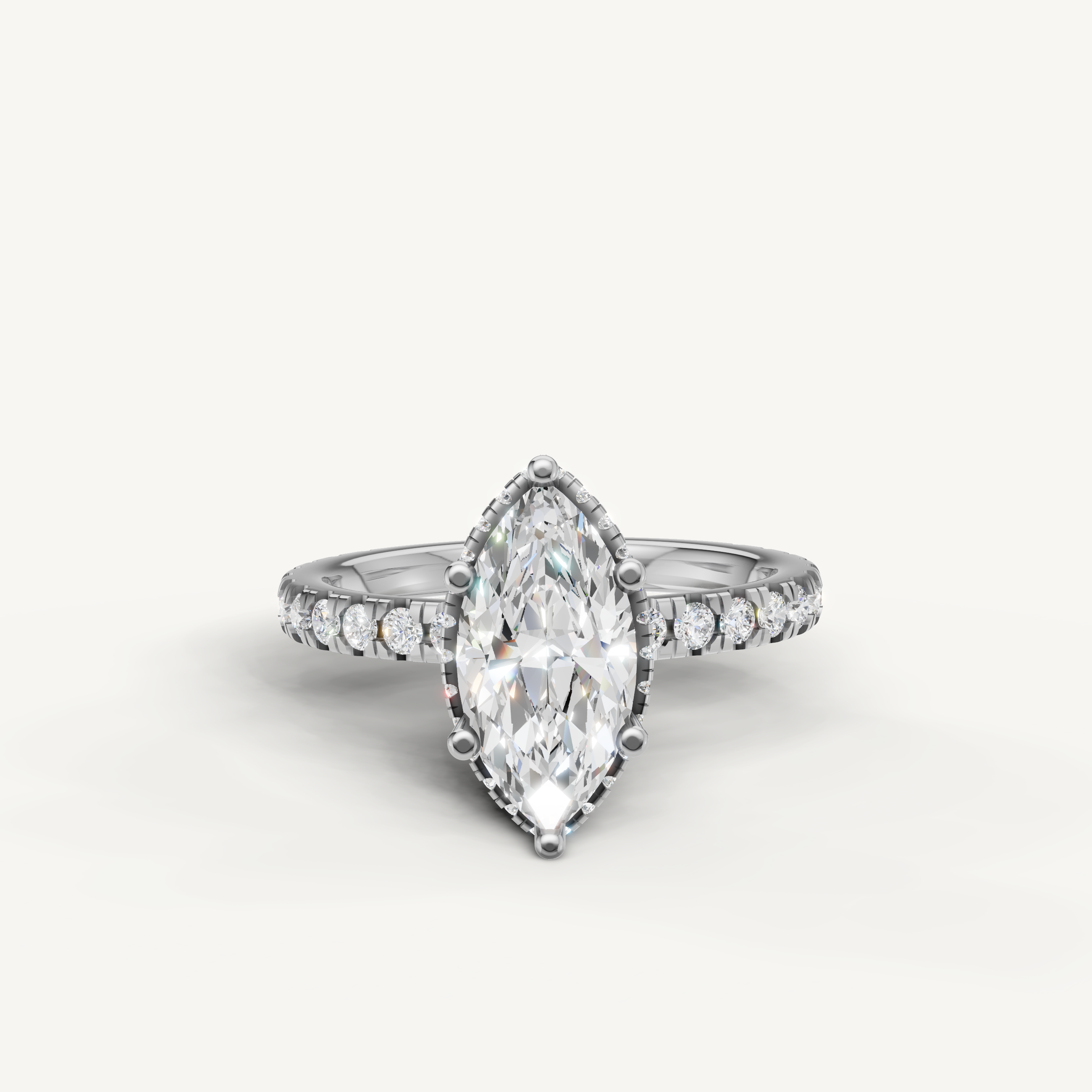 marquise cut lab grown diamond engagement ring with hidden halo and pavé band in white gold