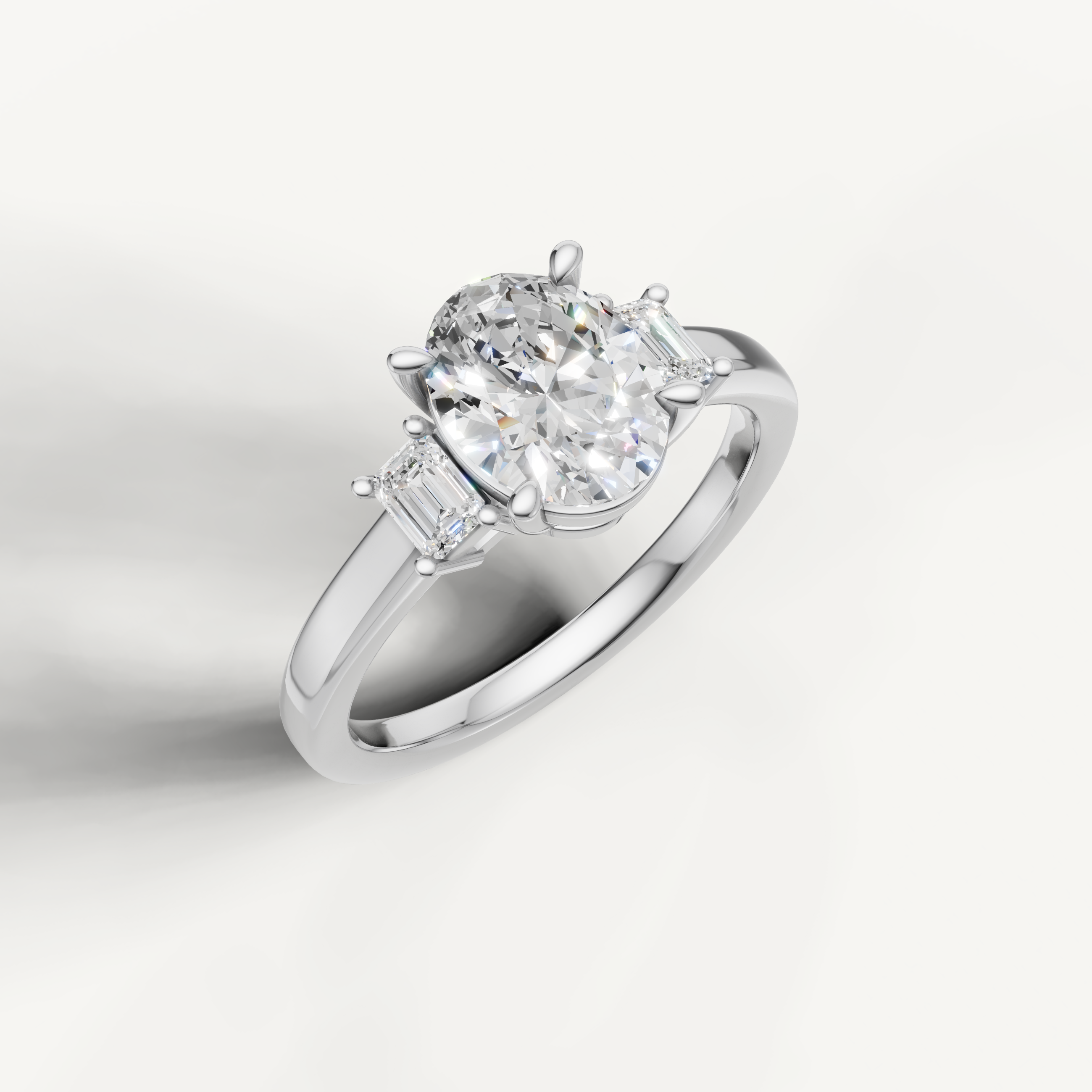14K white gold oval lab grown diamond ring with step cut side diamonds and polished band