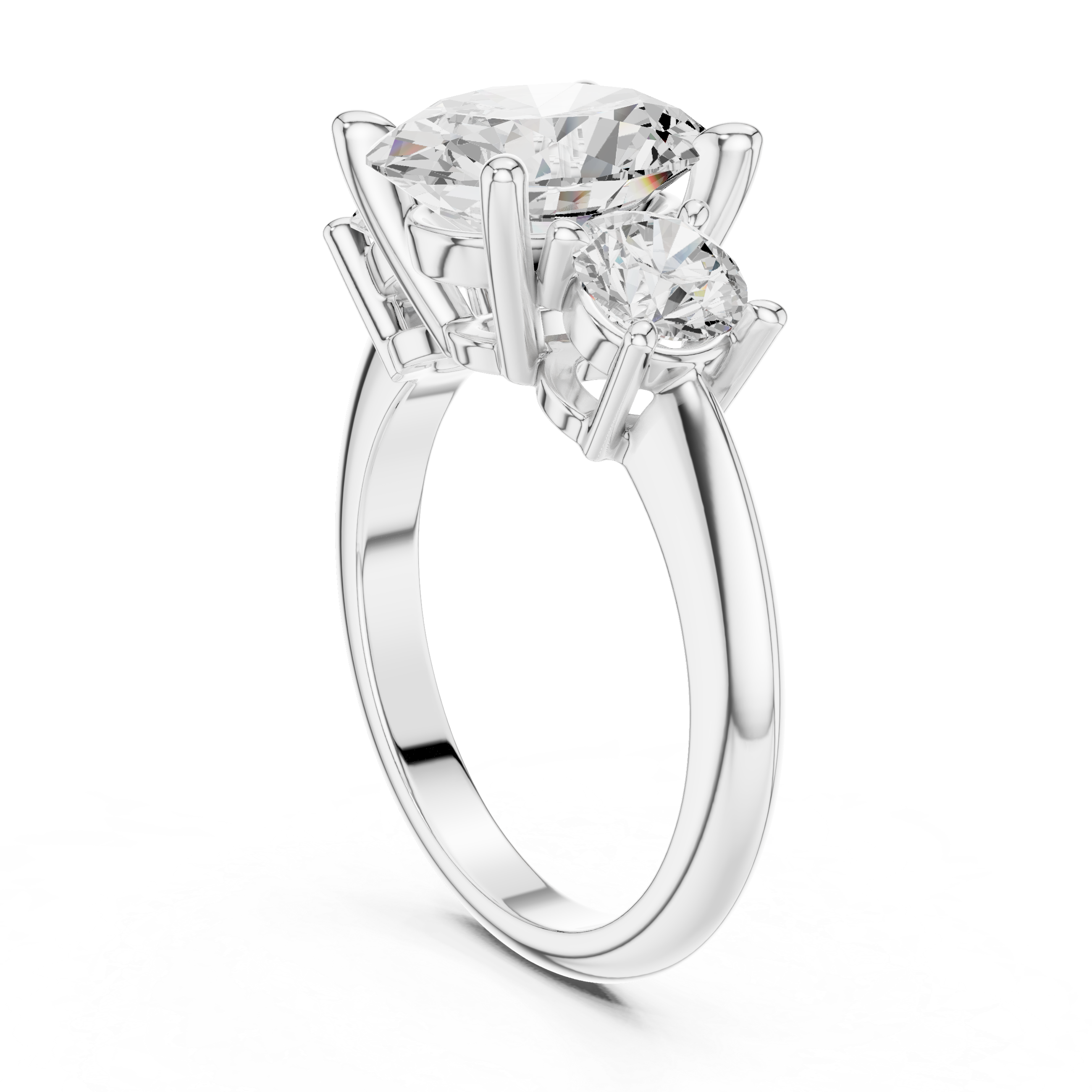 Three stone trilogy ring featuring oval lab diamond