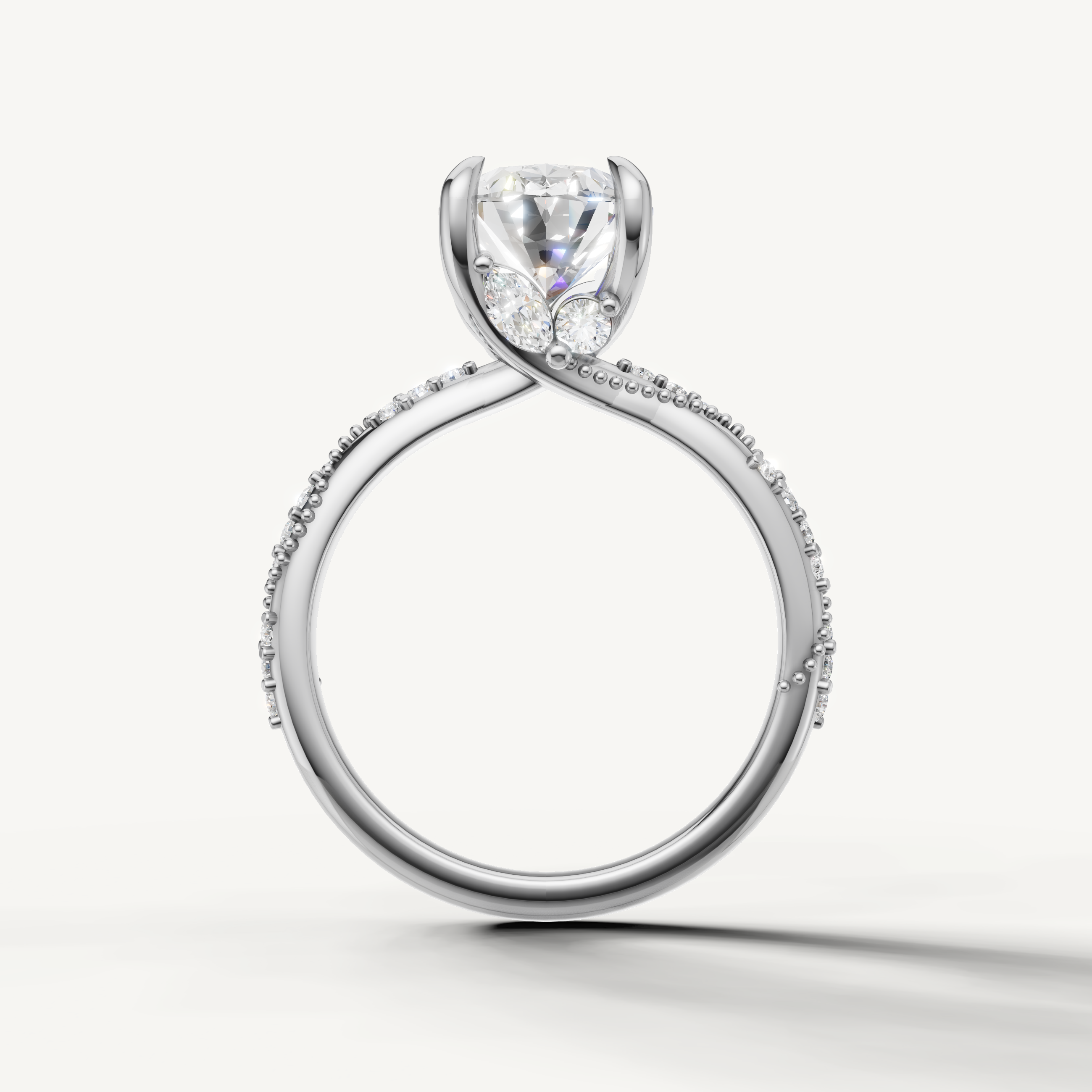 oval diamond engagement ring with elegant crossover pavé band white gold