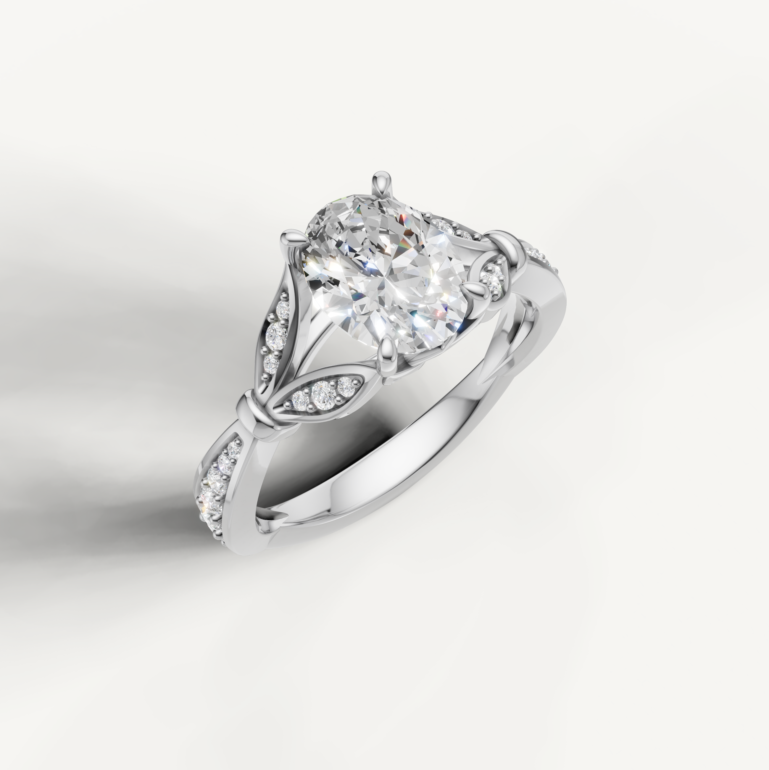 White gold oval cut lab grown diamond ring with vintage inspired elegance and brilliant sparkle by Raul Diamonds