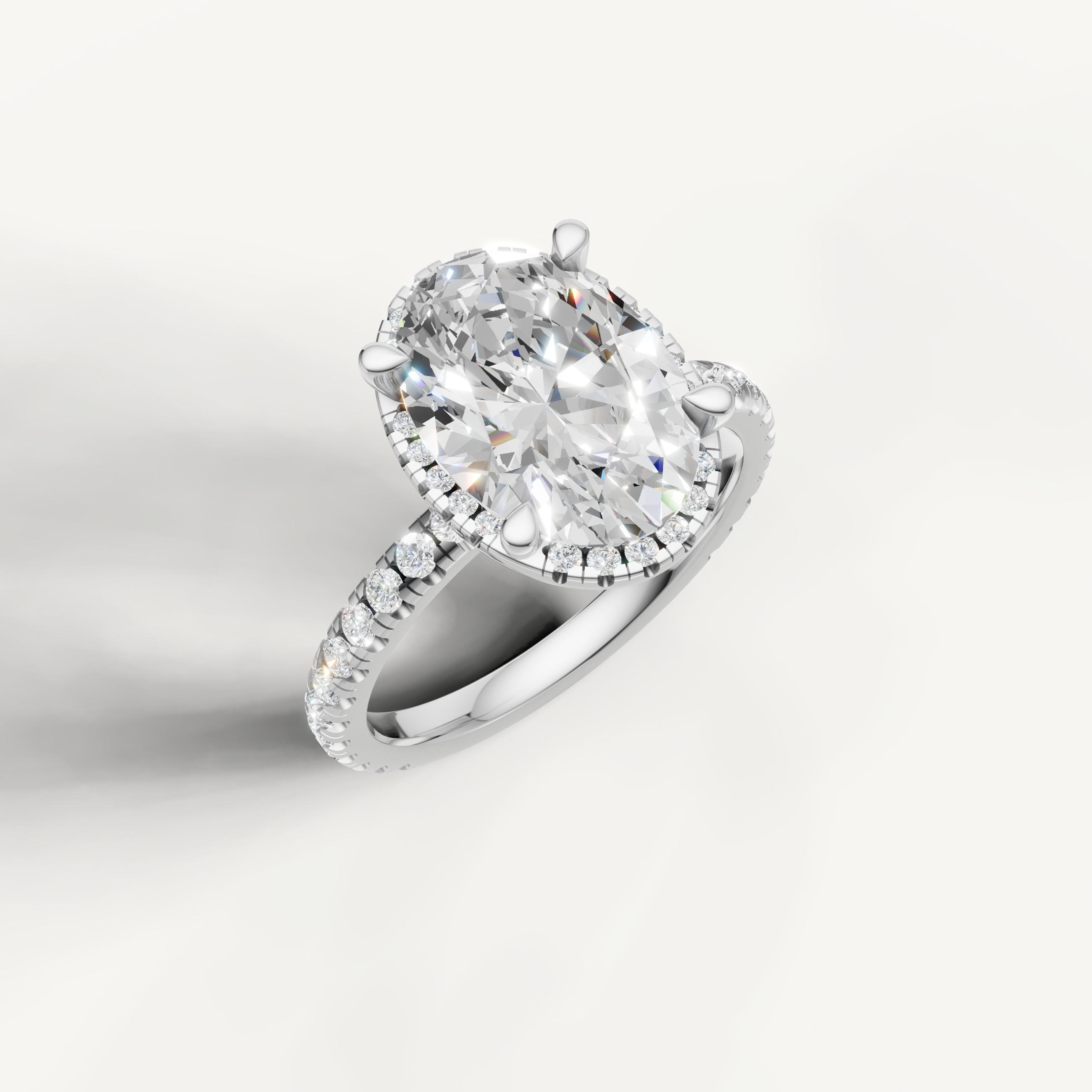 IGI certified oval diamond ring with hidden halo and pavé band white gold setting