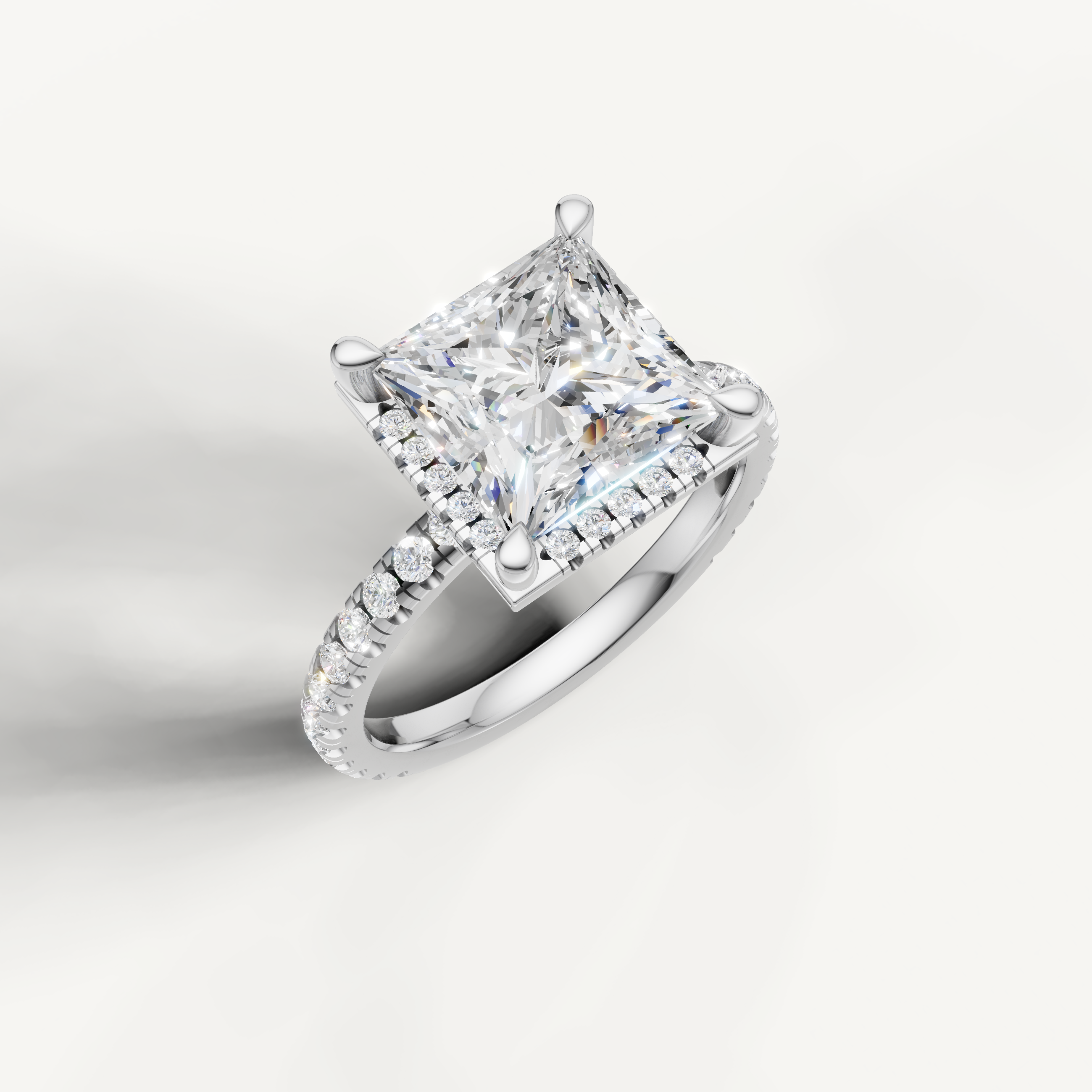 IGI certified princess cut diamond ring with hidden halo pavé band white gold setting