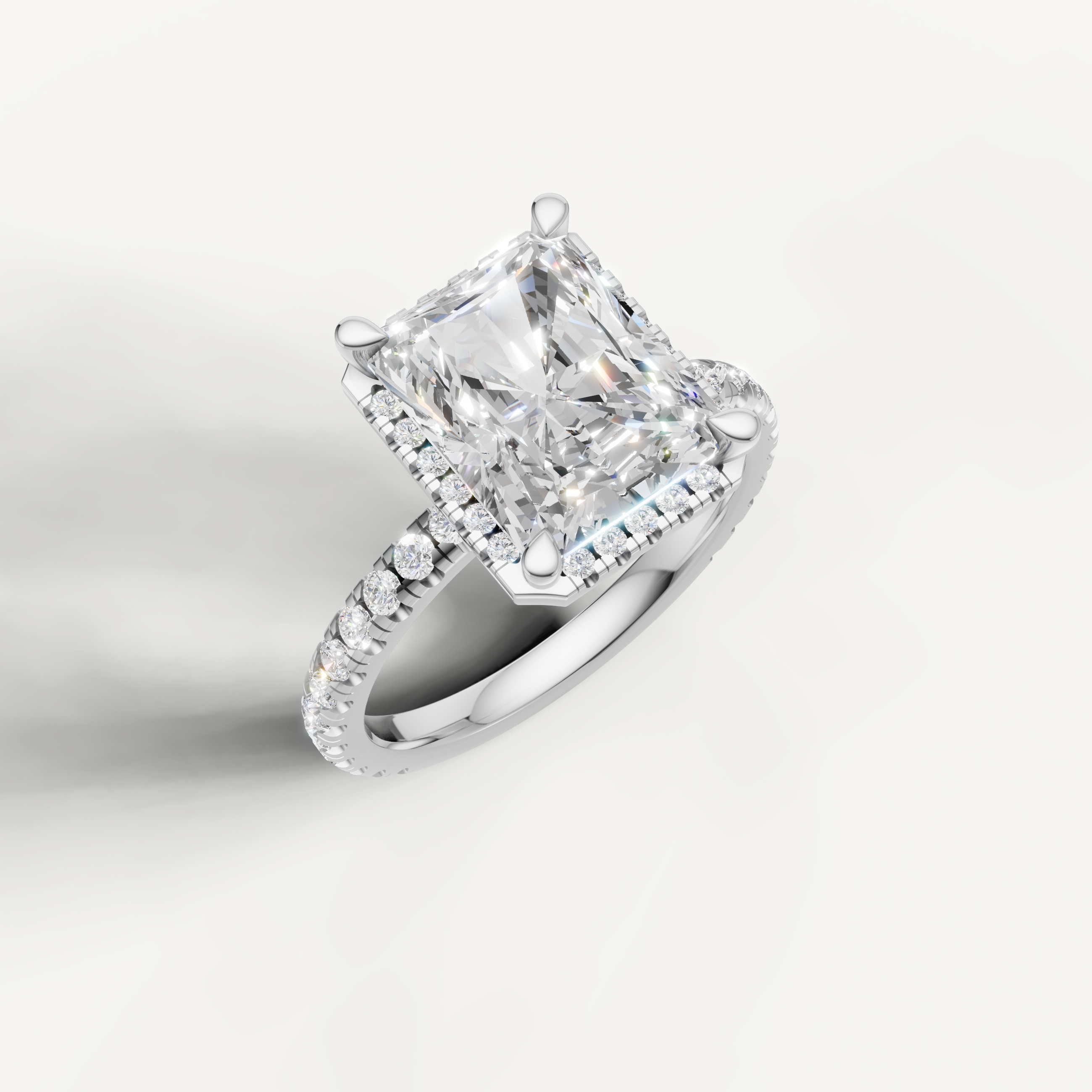 IGI certified radiant cut diamond ring with hidden halo pavé band white gold setting