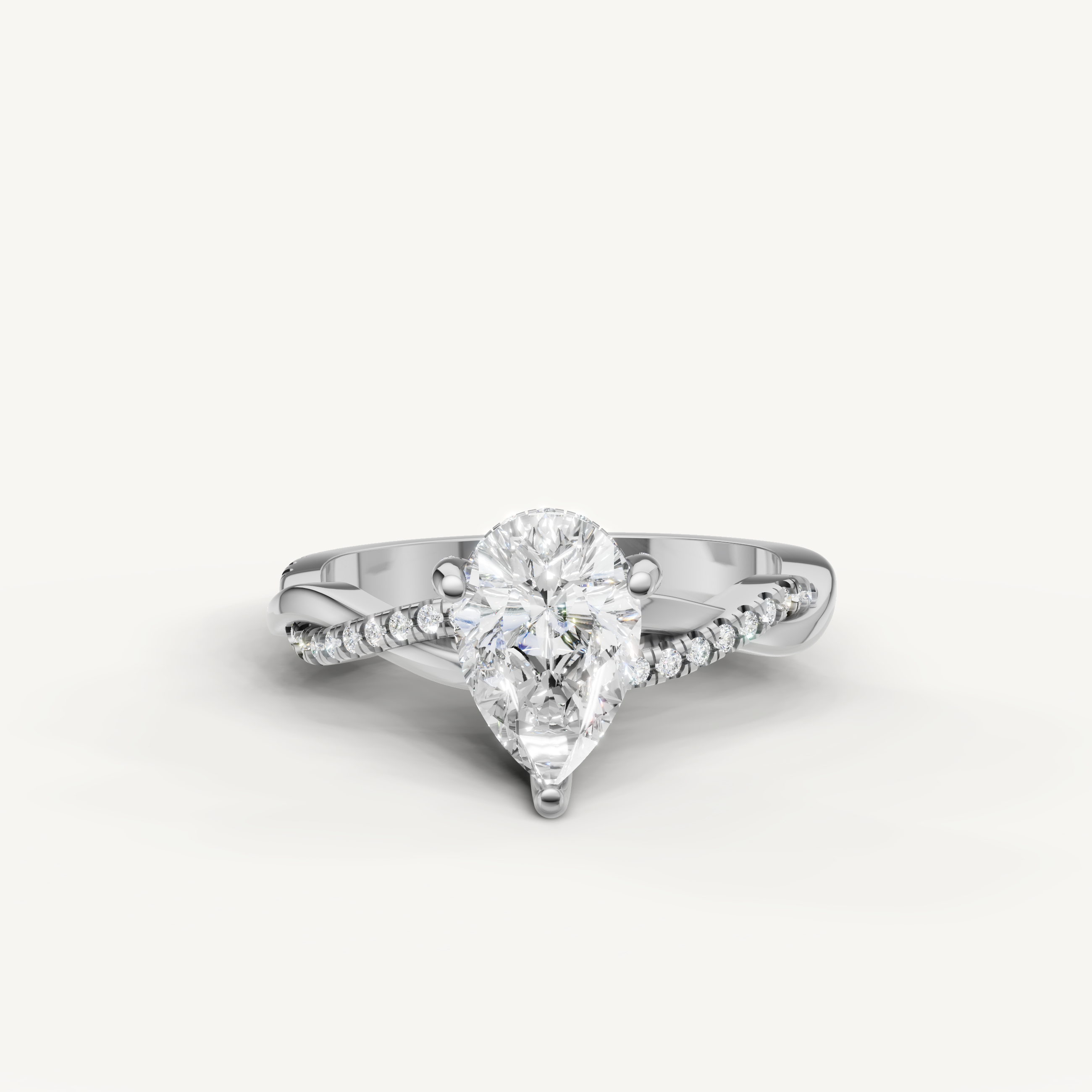 pear cut lab grown diamond bypass engagement ring in 14k white gold with pavé diamond crossover band