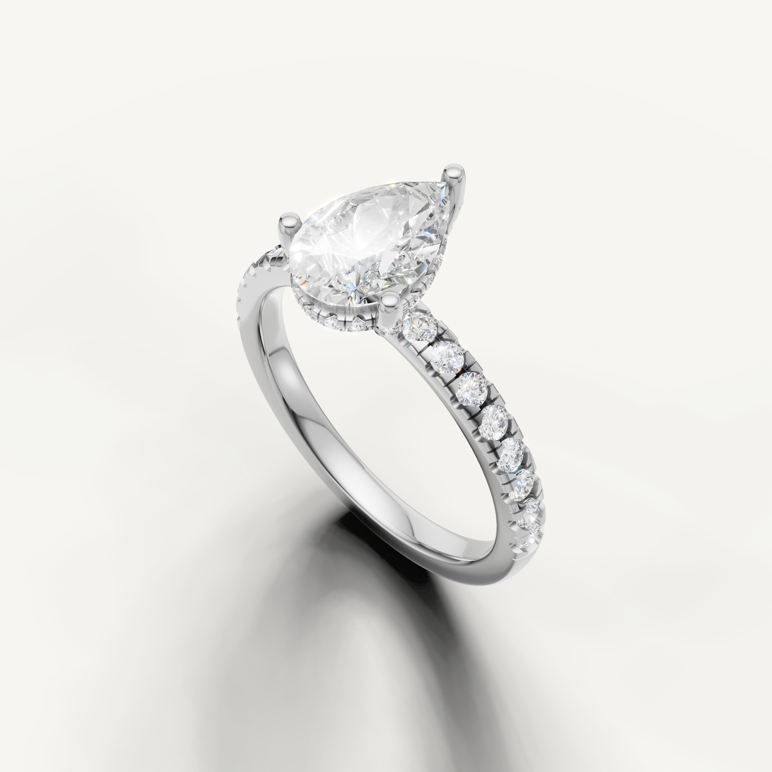 IGI certified pear lab diamond ring with pavé band solitaire white gold