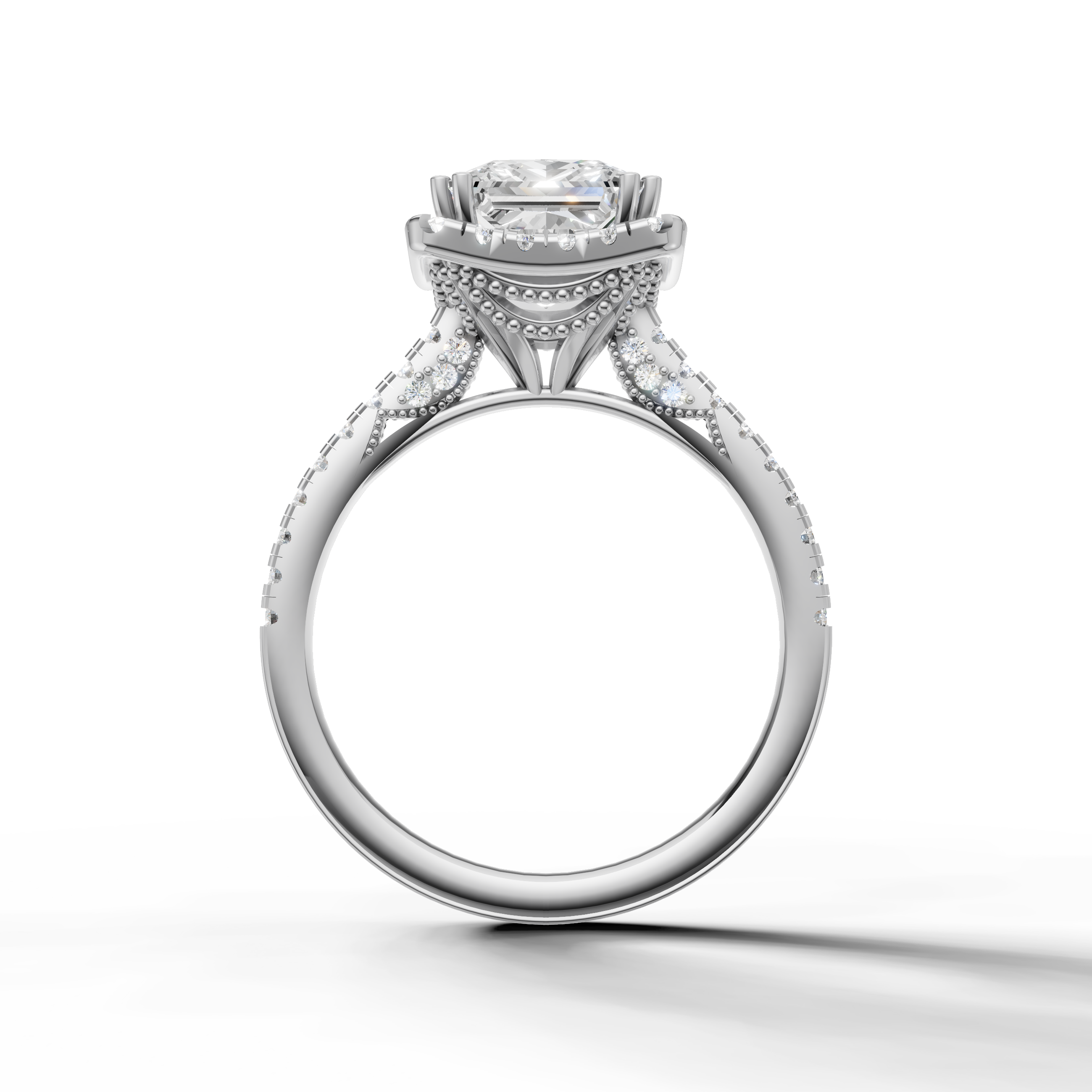 Premium princess cut lab grown diamond halo ring in white gold with elegant pavé detailing by Raul Diamonds