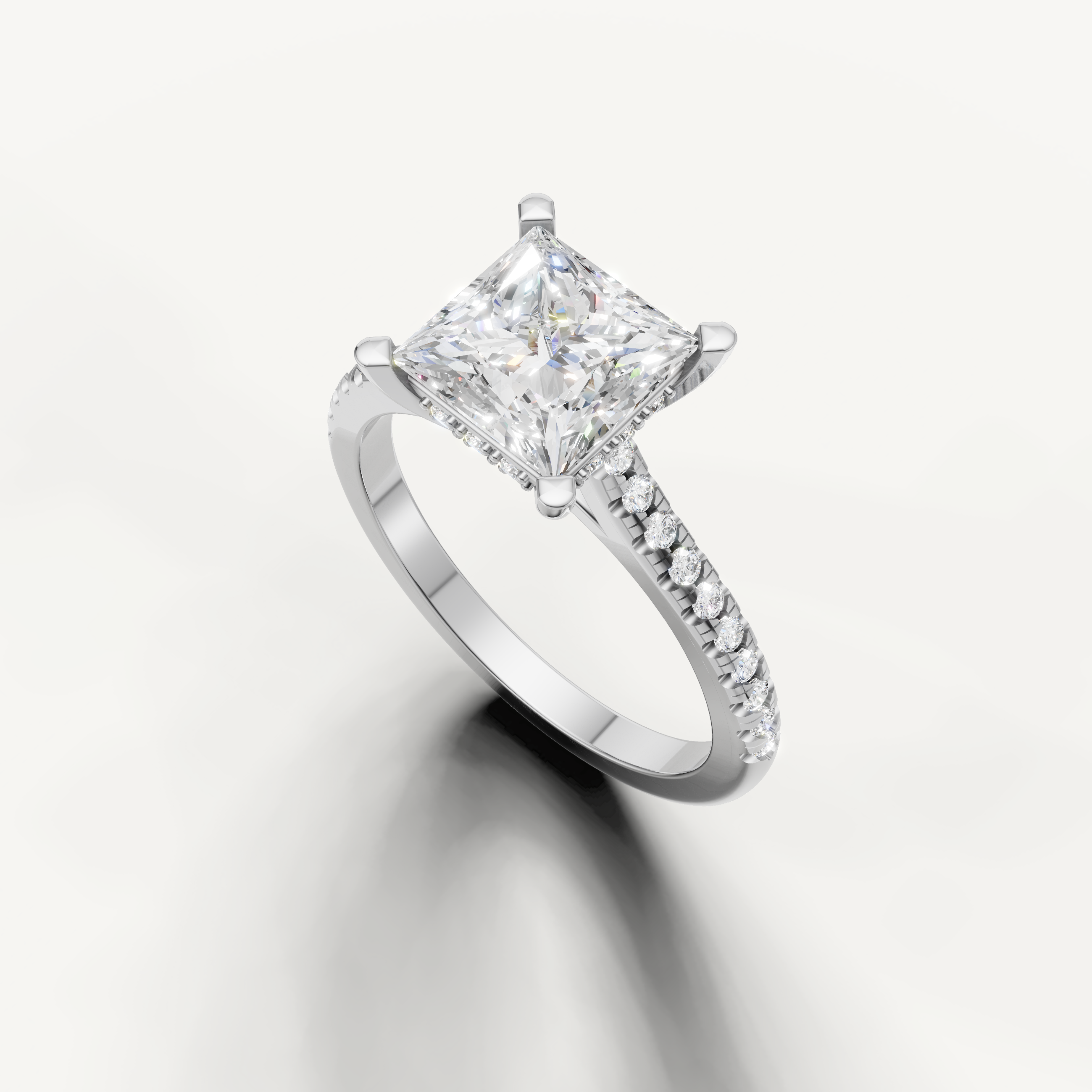 14K white gold princess diamond solitaire engagement ring with slim pavé diamond band