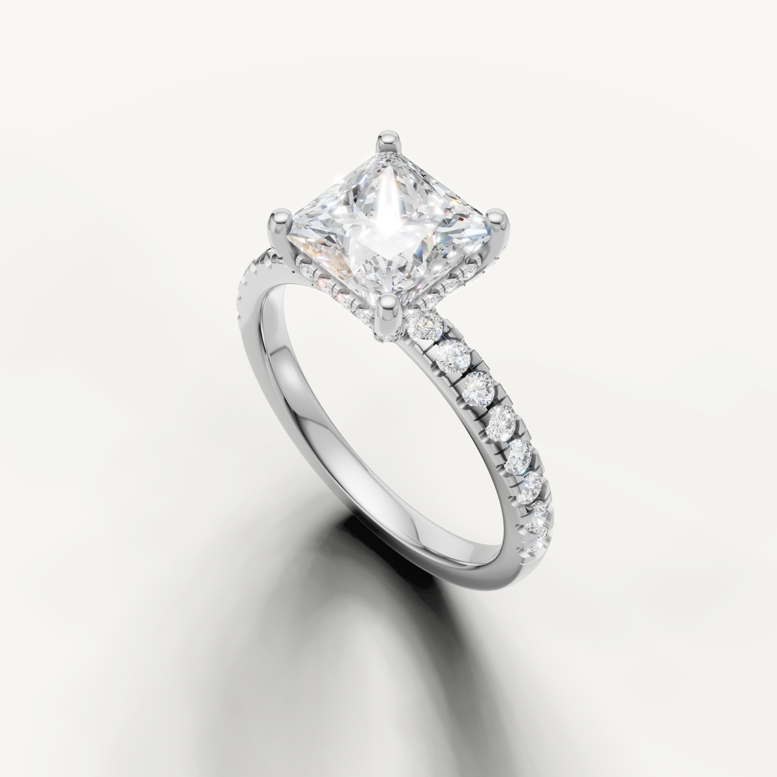 square diamond engagement ring with micro pavé band 14k white gold