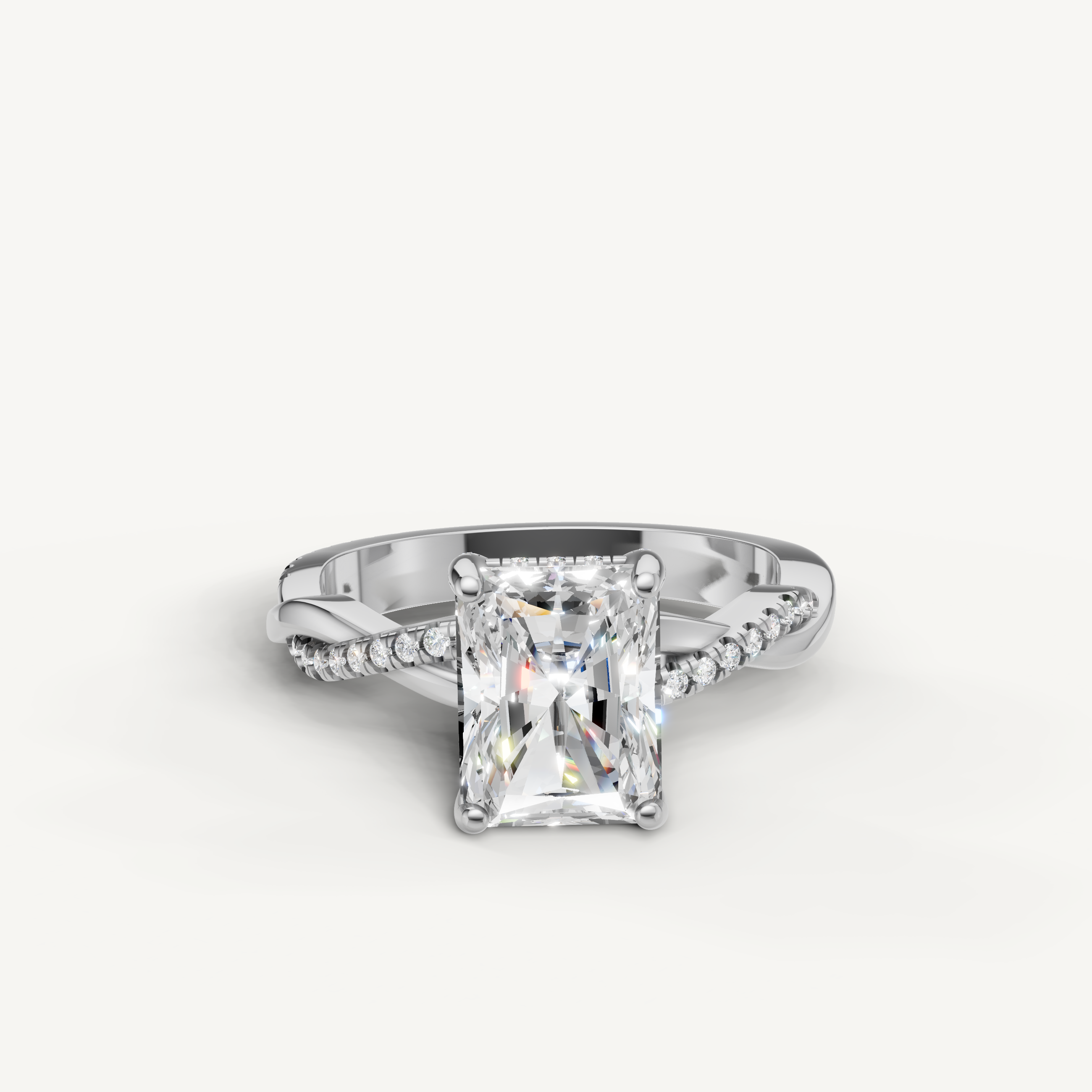 radiant cut lab grown diamond bypass engagement ring in 14k white gold with pavé diamond crossover band