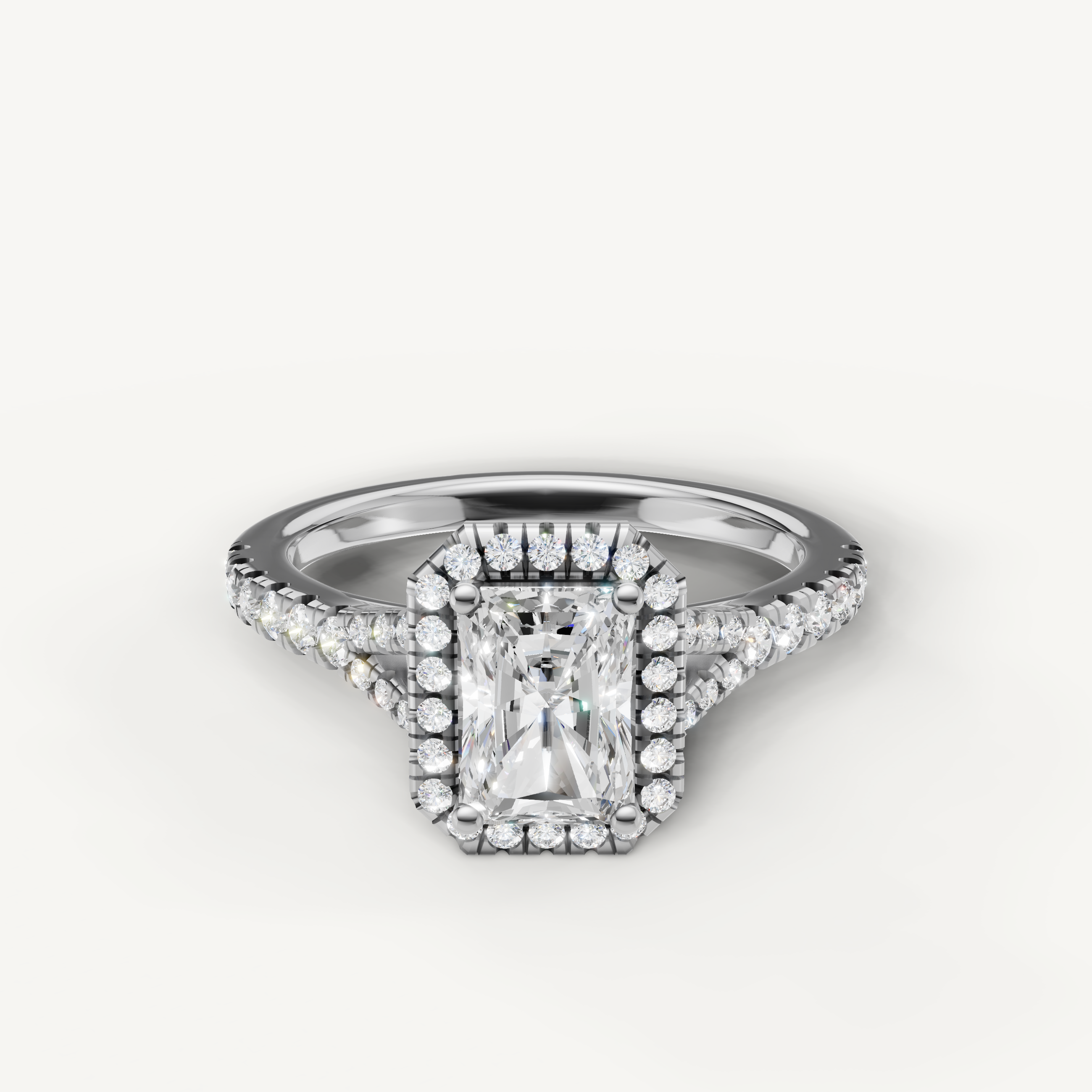 Radiant cut halo pavé lab grown diamond engagement ring in 14K white gold