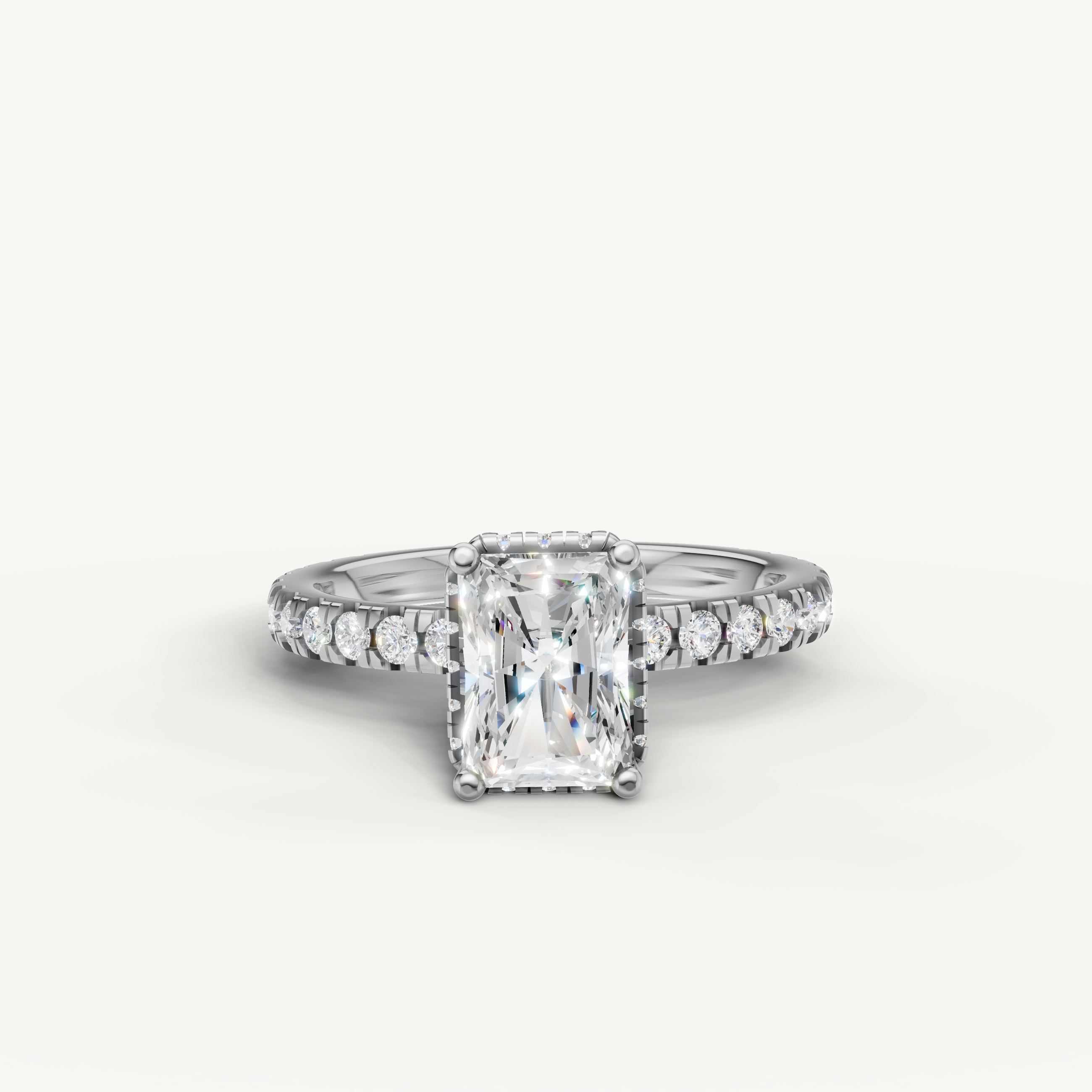 radiant cut lab grown diamond hidden halo engagement ring in 14k white gold with pavé diamond band and modern brilliance
