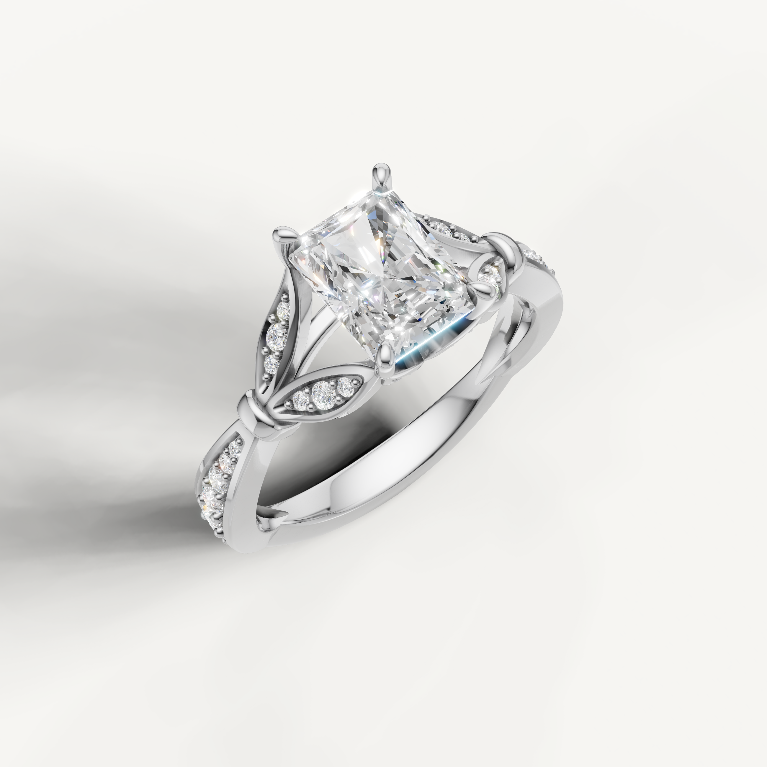 IGI certified radiant cut lab diamond ring with leaf motif pavé setting 14k white gold