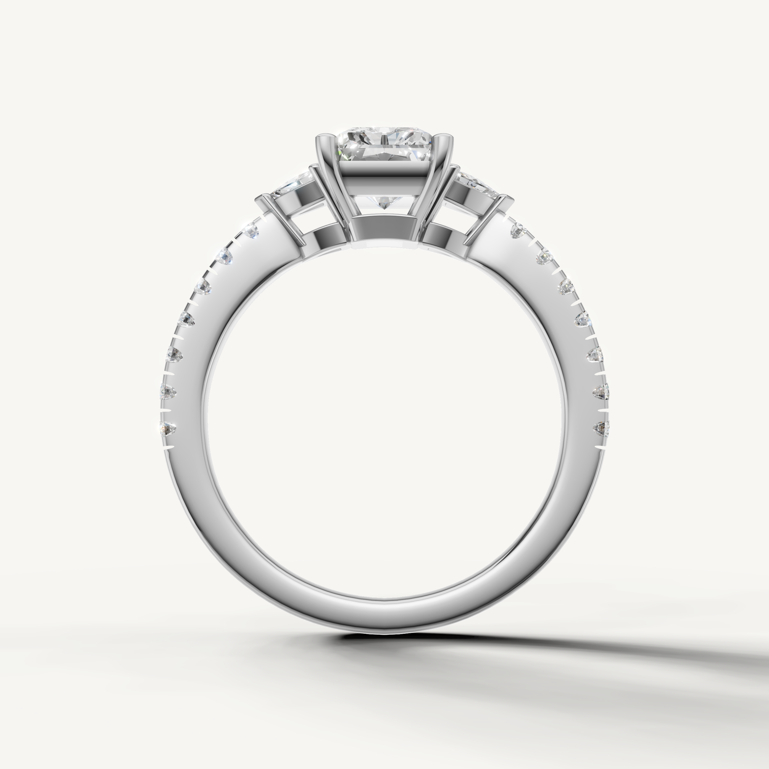 Elegant radiant cut lab grown diamond ring in 14K white gold with side accent stones