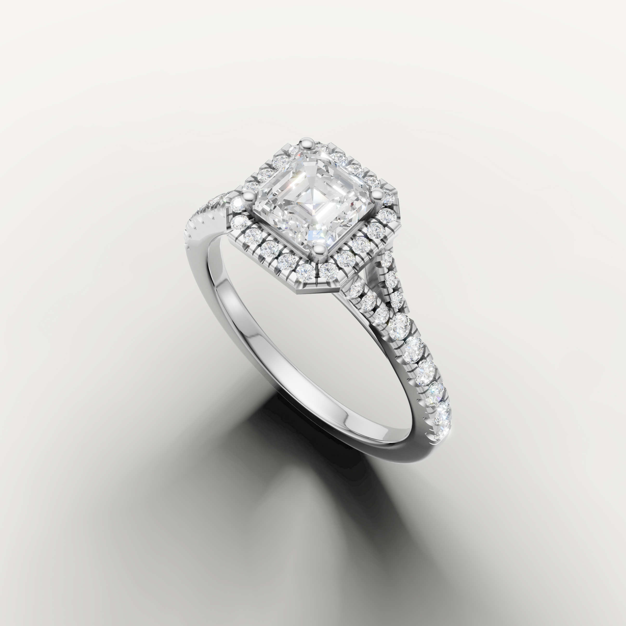 Classic asscher cut diamond halo ring with pavé band white gold