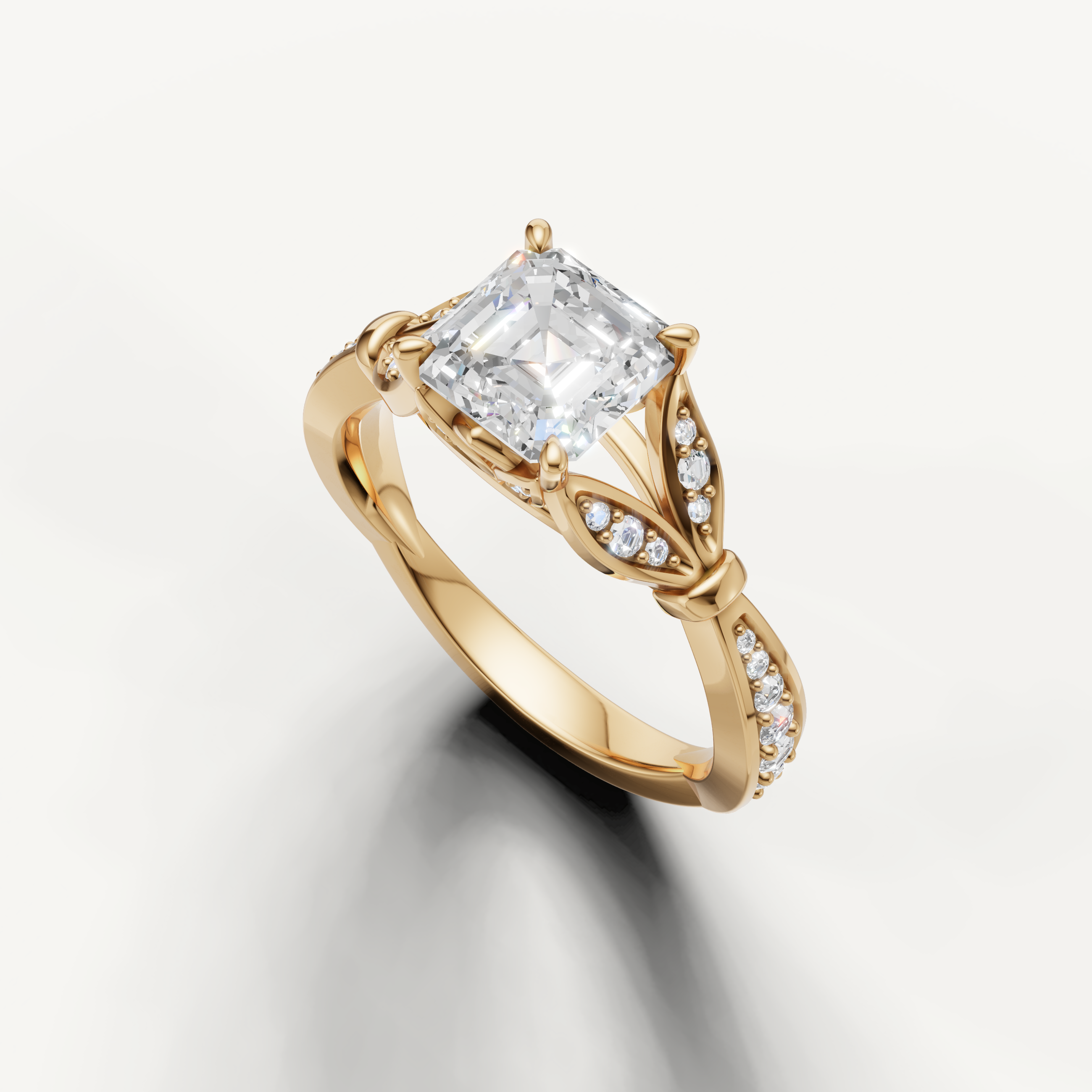vintage inspired asscher diamond ring with intricate pavé detailing yellow gold