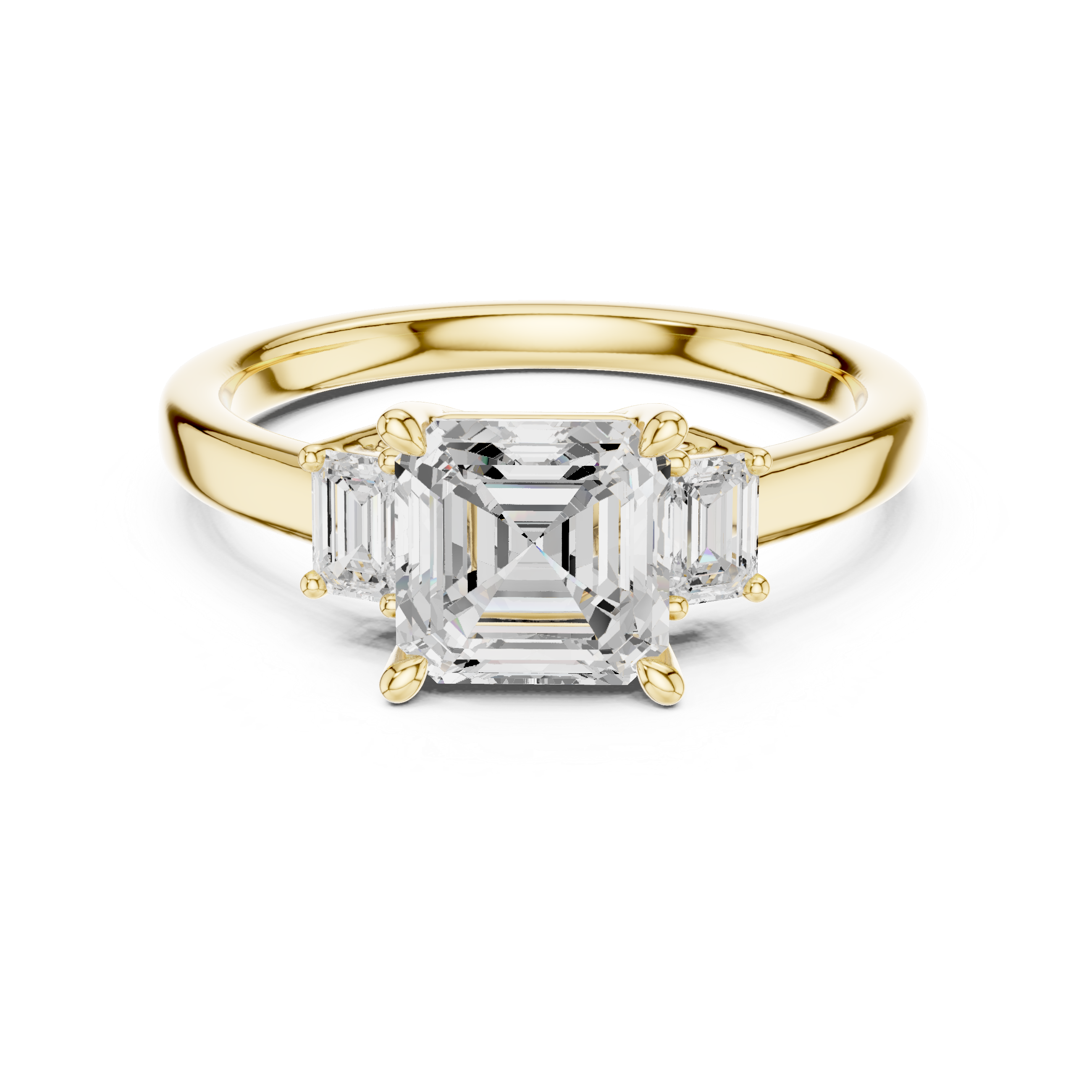 Asscher cut lab diamond three-stone engagement ring 14K gold