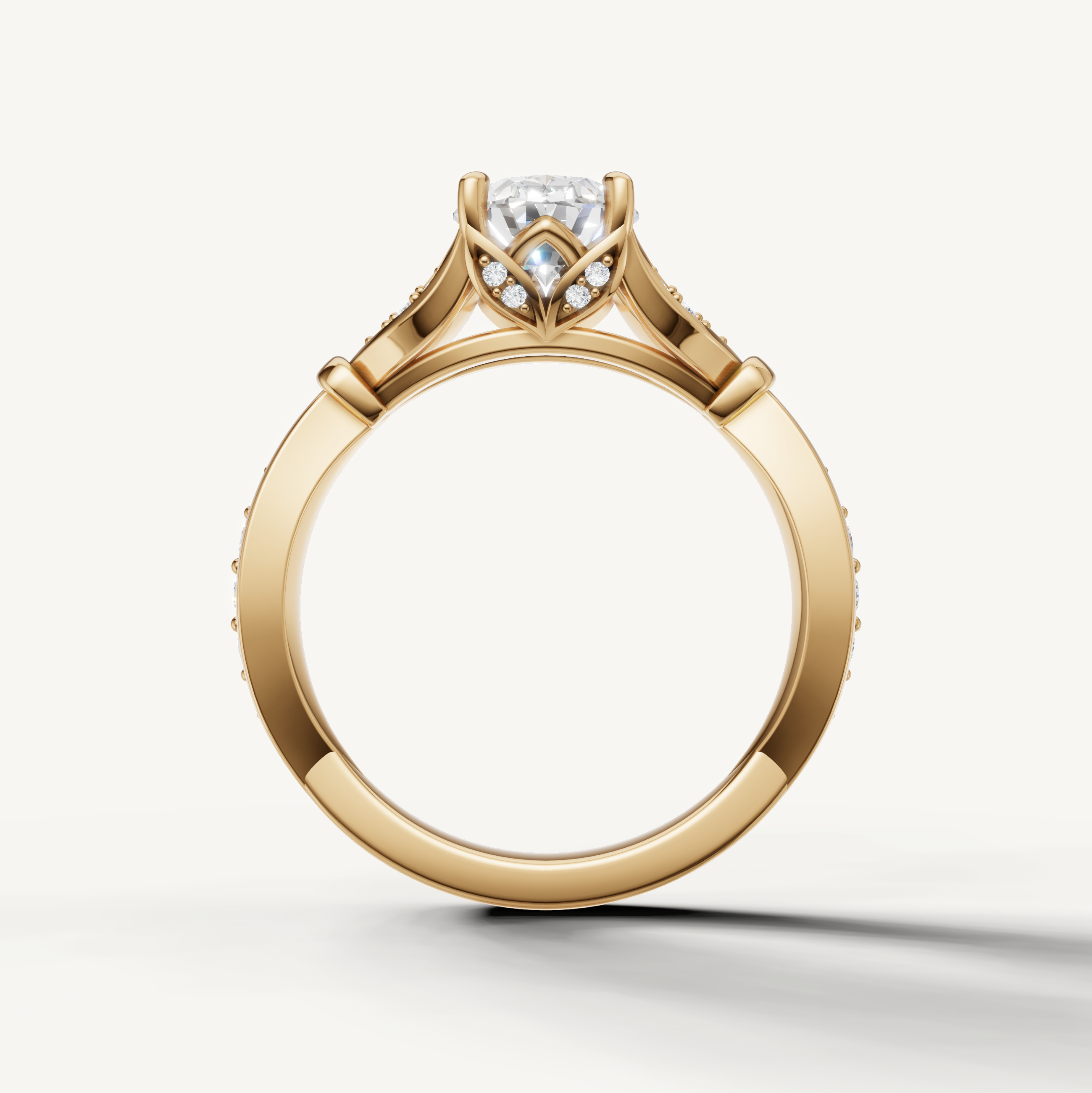 Raul Diamonds yellow gold oval cut engagement ring with vintage inspired pavé design and split detailing