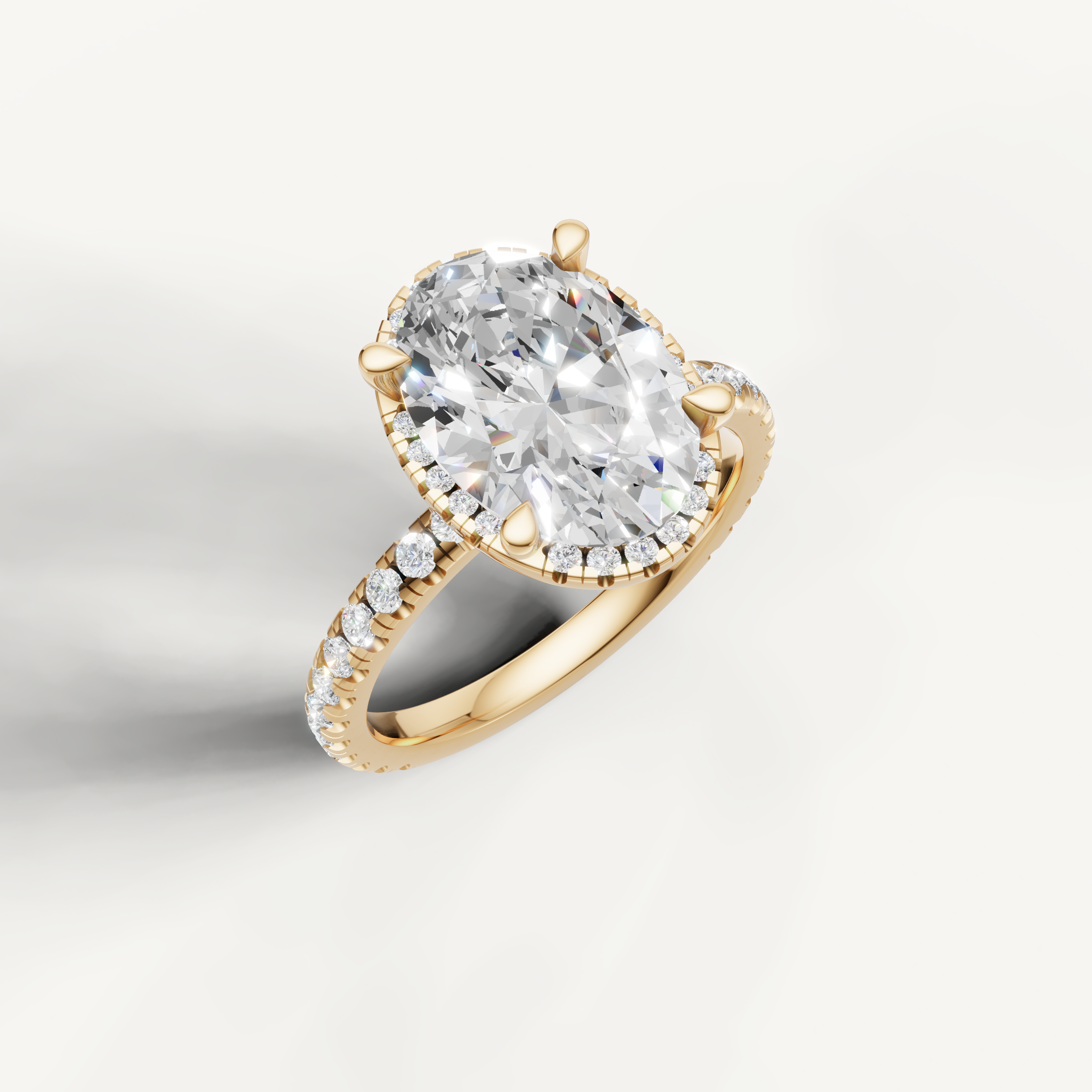 Elongated oval lab diamond ring with hidden halo pavé band yellow gold luxury design