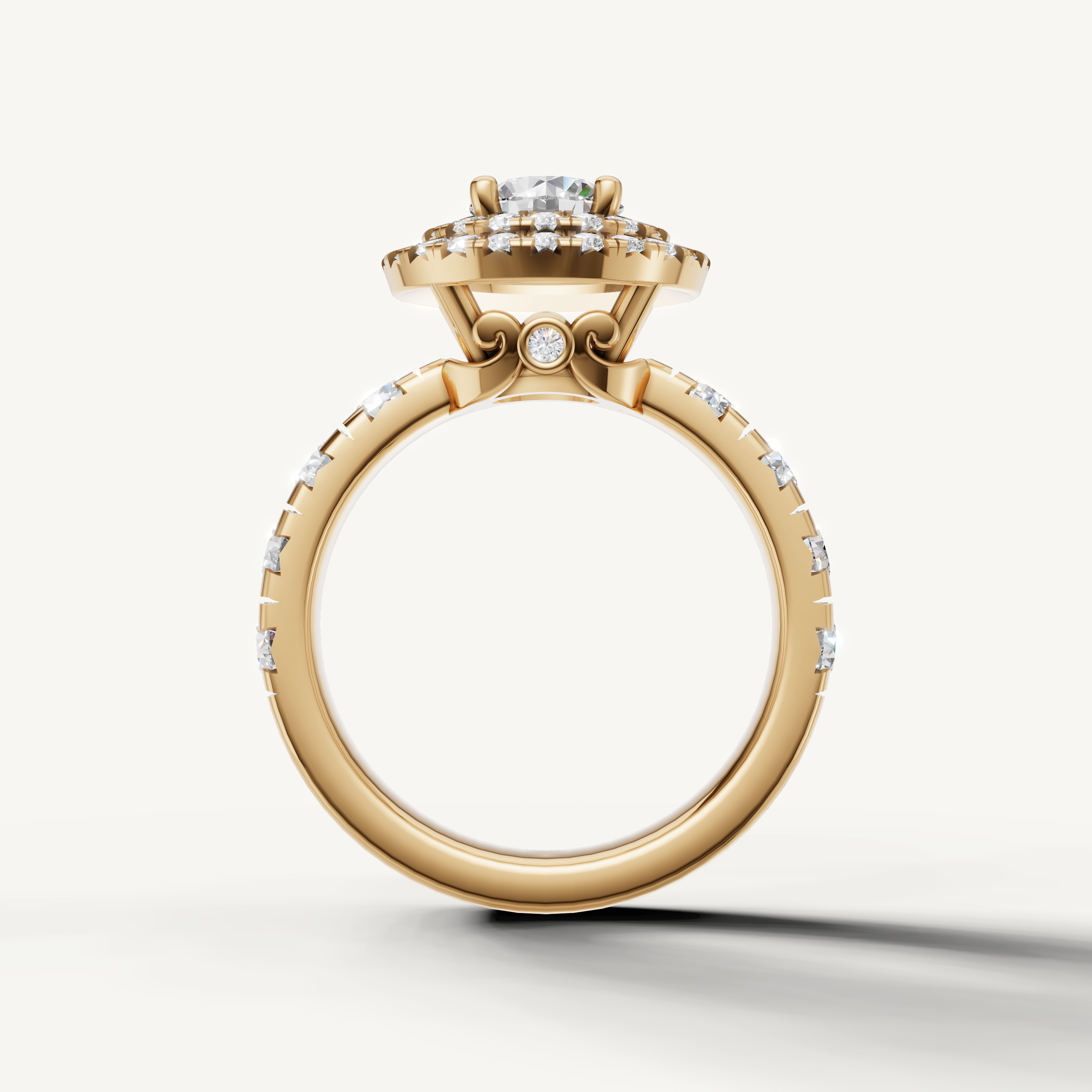 Elegant yellow gold round halo ring with side diamonds by Raul Diamonds