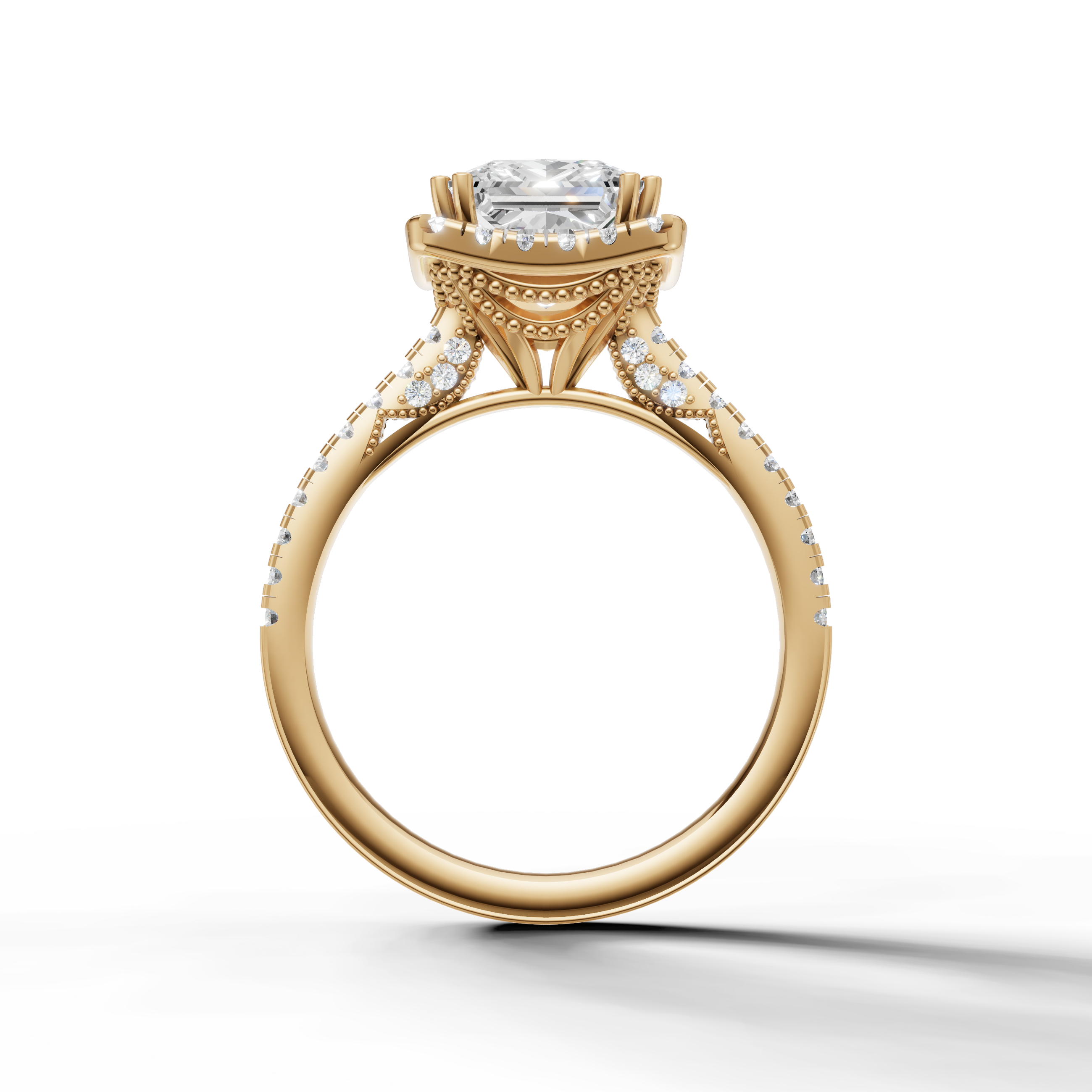 Luxury princess cut lab grown diamond halo ring in yellow gold with modern pavé detailing by Raul Diamonds