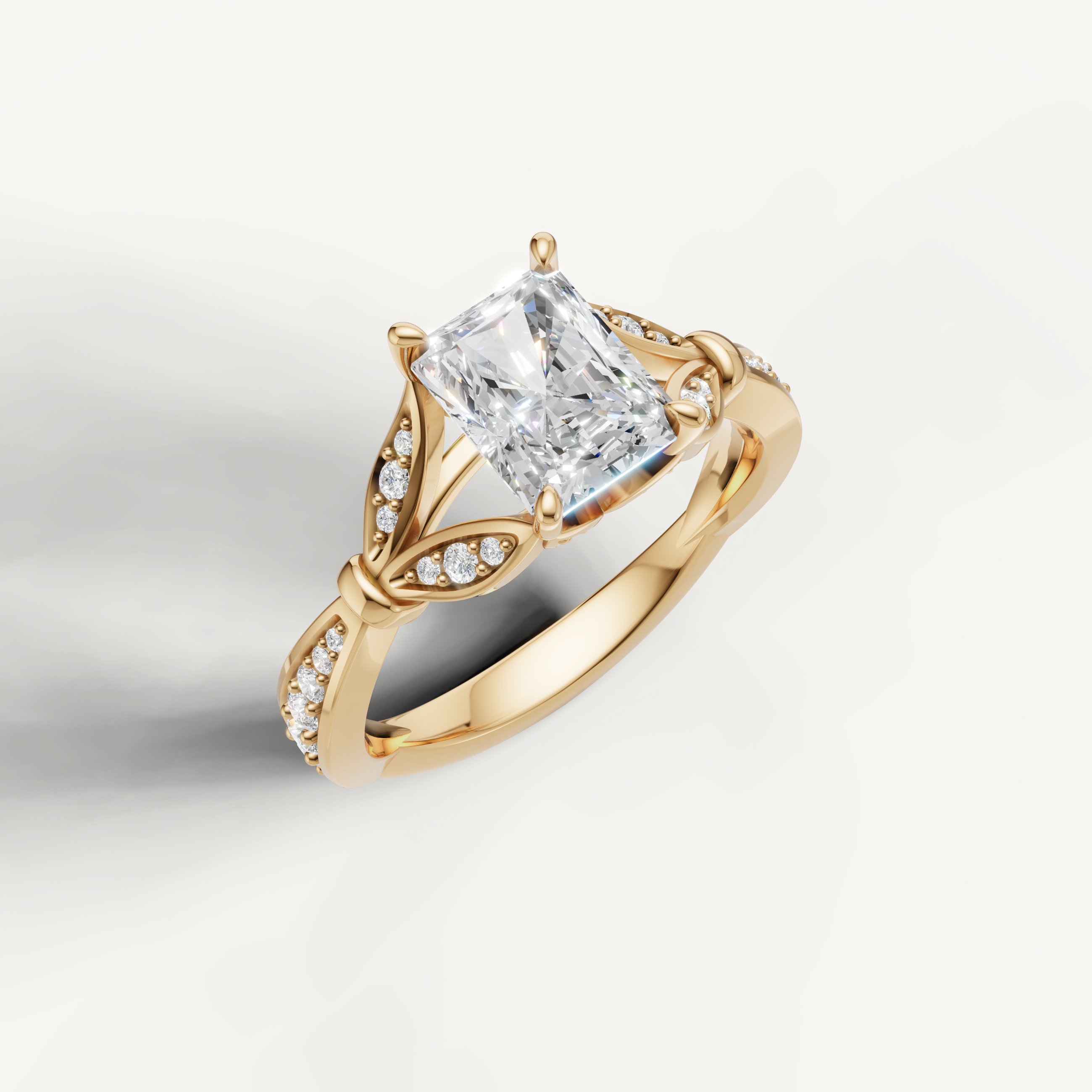 IGI certified radiant cut lab diamond ring with leaf motif pavé setting 14k yellow gold