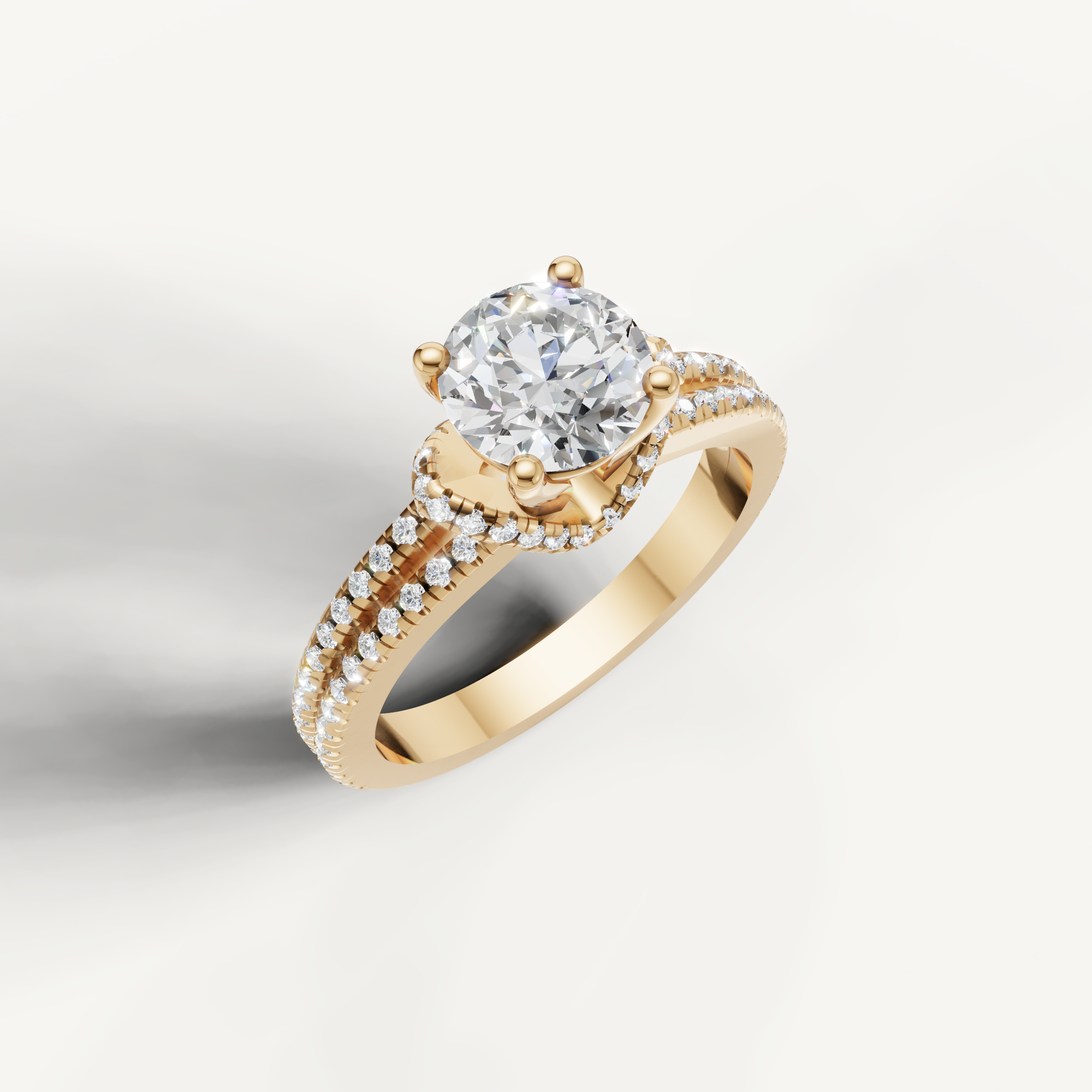 Yellow gold round cut diamond ring with sparkling pave band by Raul Diamonds.