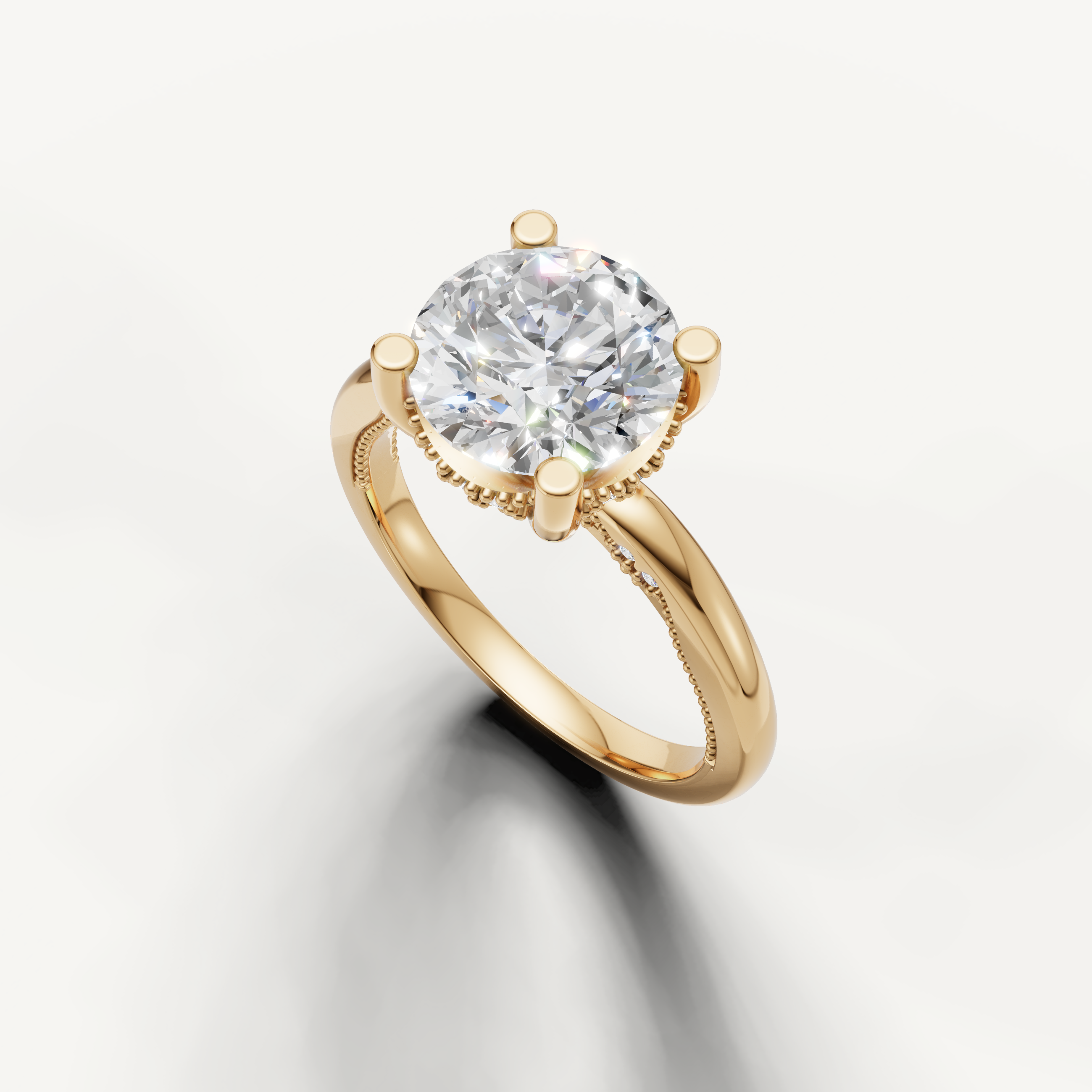 A luxurious round-cut engagement ring with a smooth, high-polish yellow gold band, highlighting the perfect symmetry of the center stone.