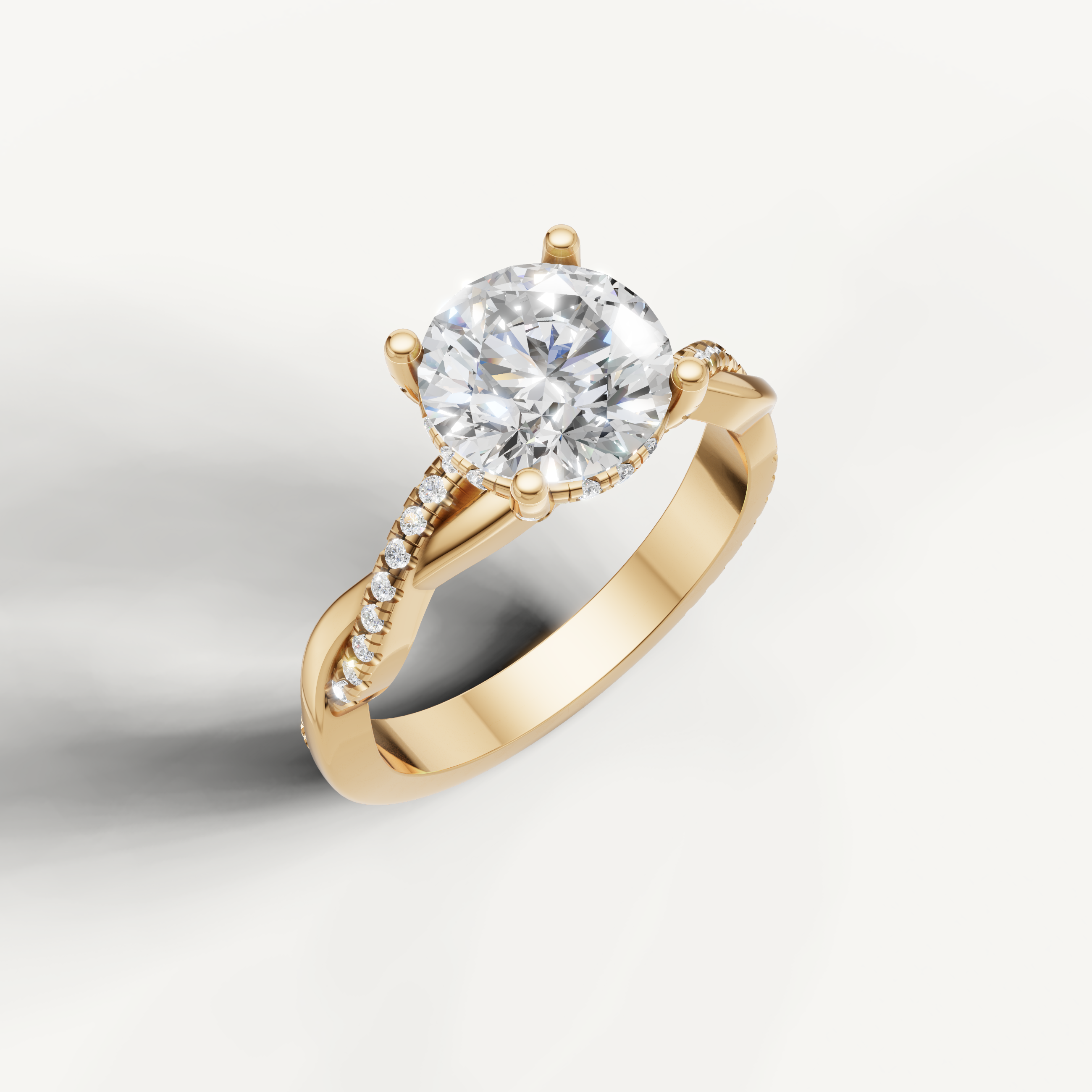 classic round cut lab grown diamond engagement ring in 14k yellow gold with twisted pavé split shank