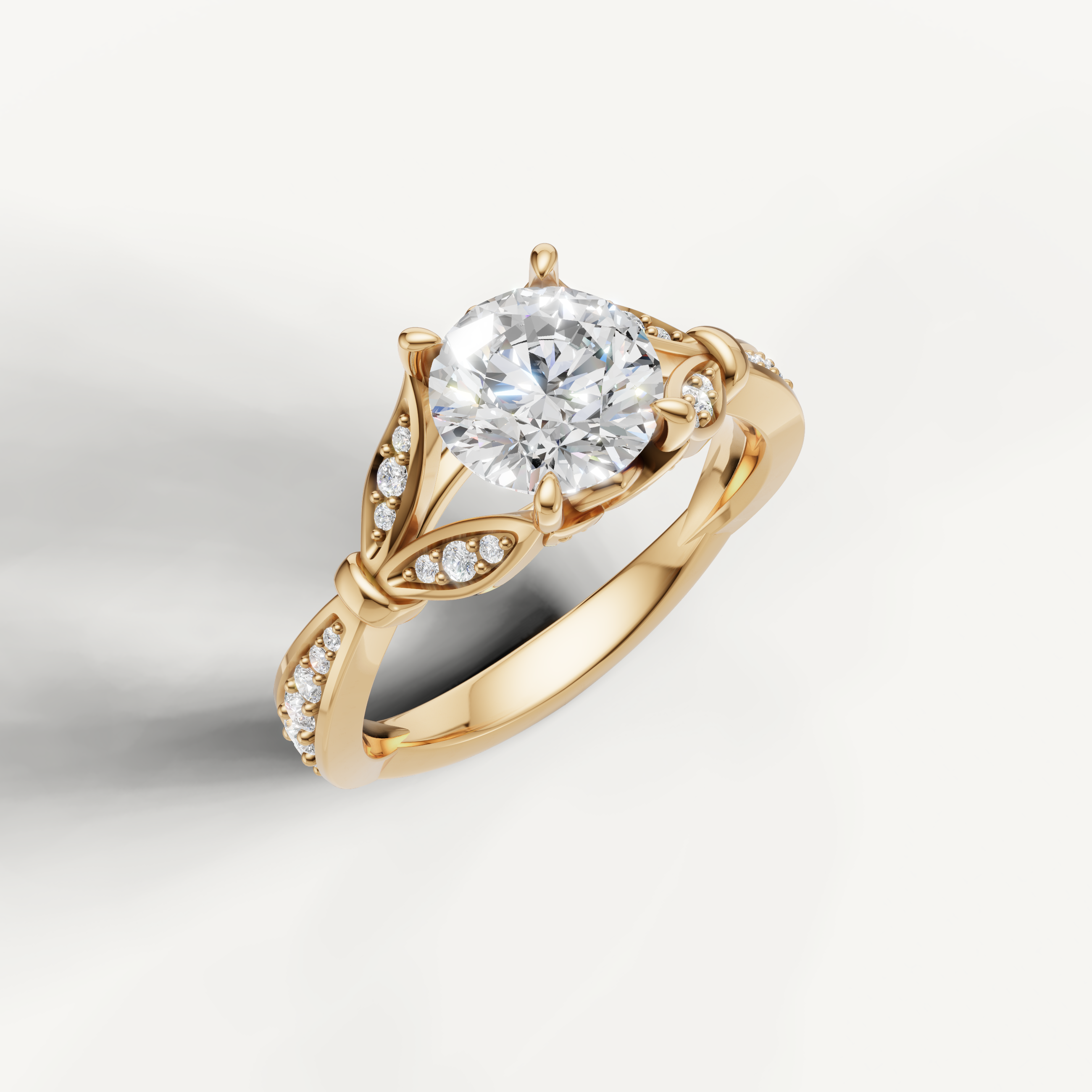 IGI certified round lab diamond ring with leaf motif pavé setting 14k yellow gold