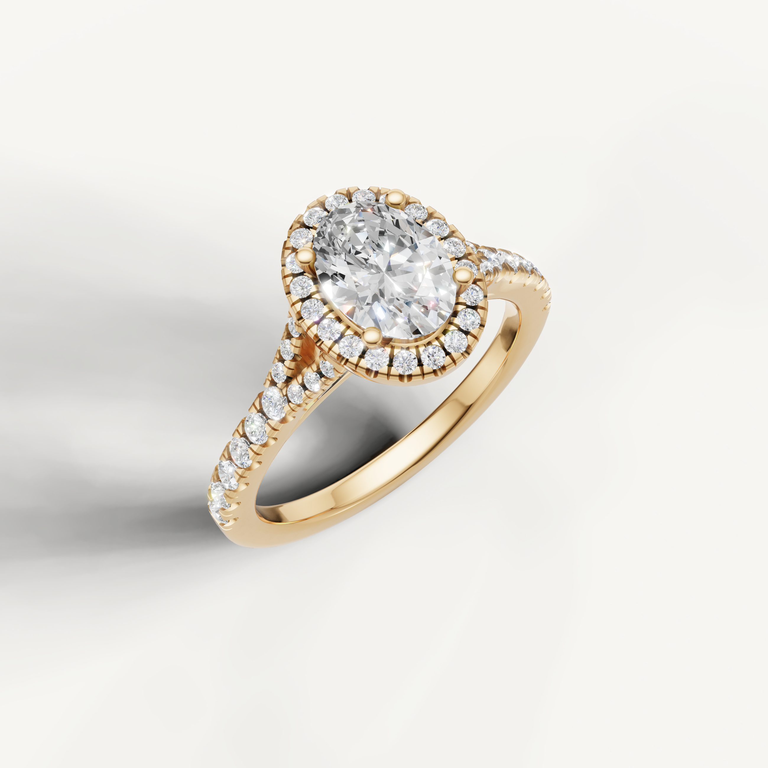 IGI certified oval lab diamond halo ring with pavé band yellow gold DEF VVS