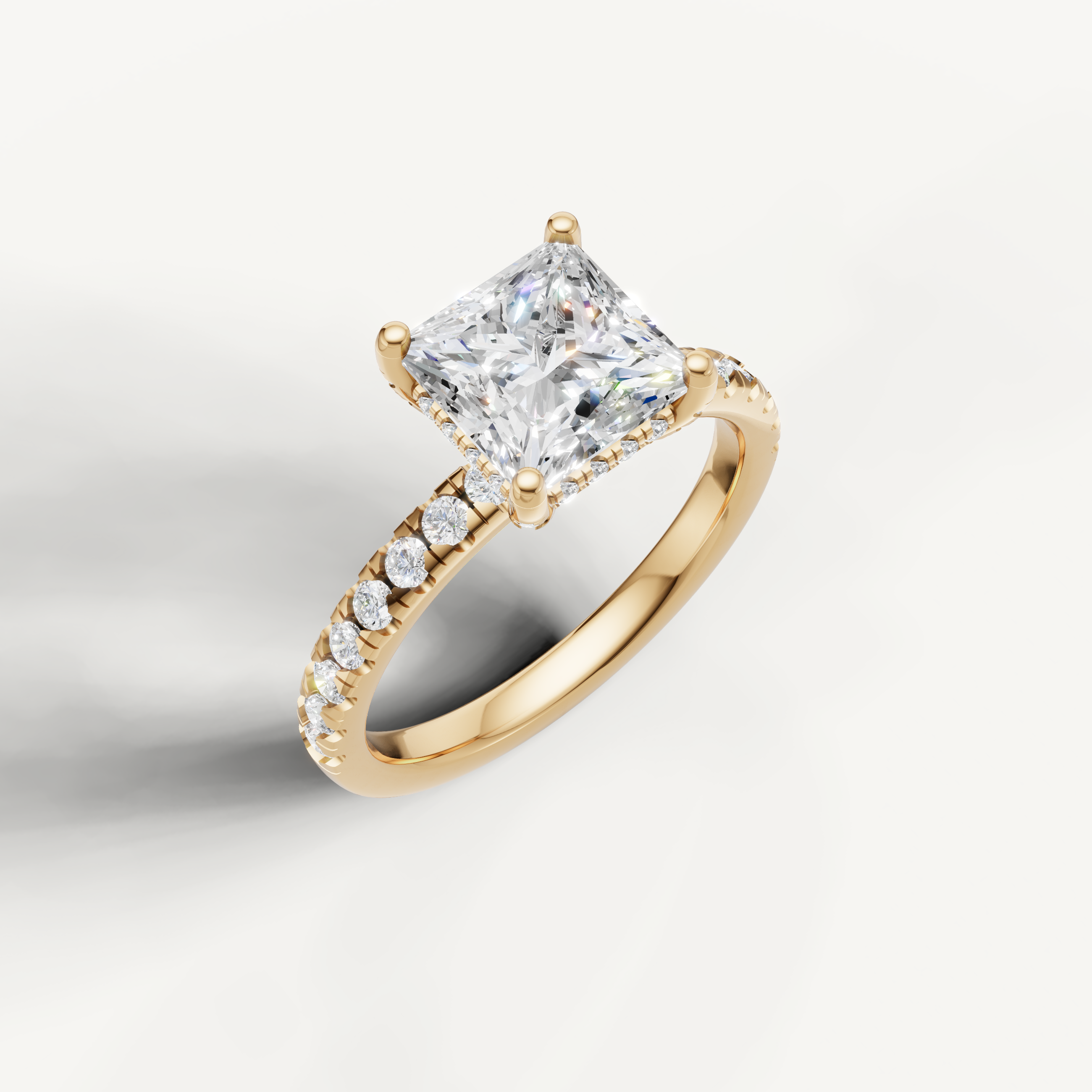 IGI certified princess lab diamond ring with pavé band solitaire yellow gold