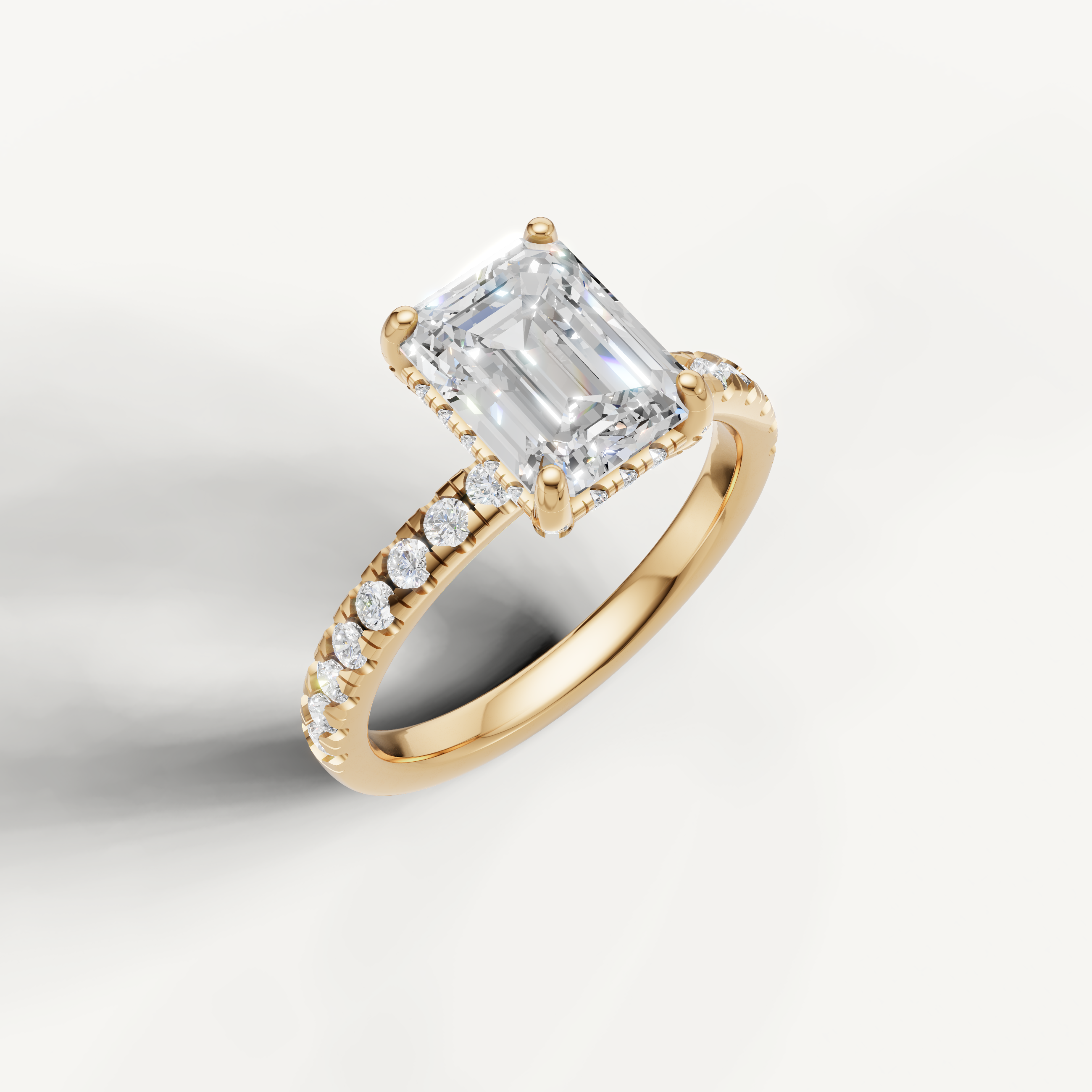 IGI certified emerald lab diamond ring micro pavé band yellow gold front view