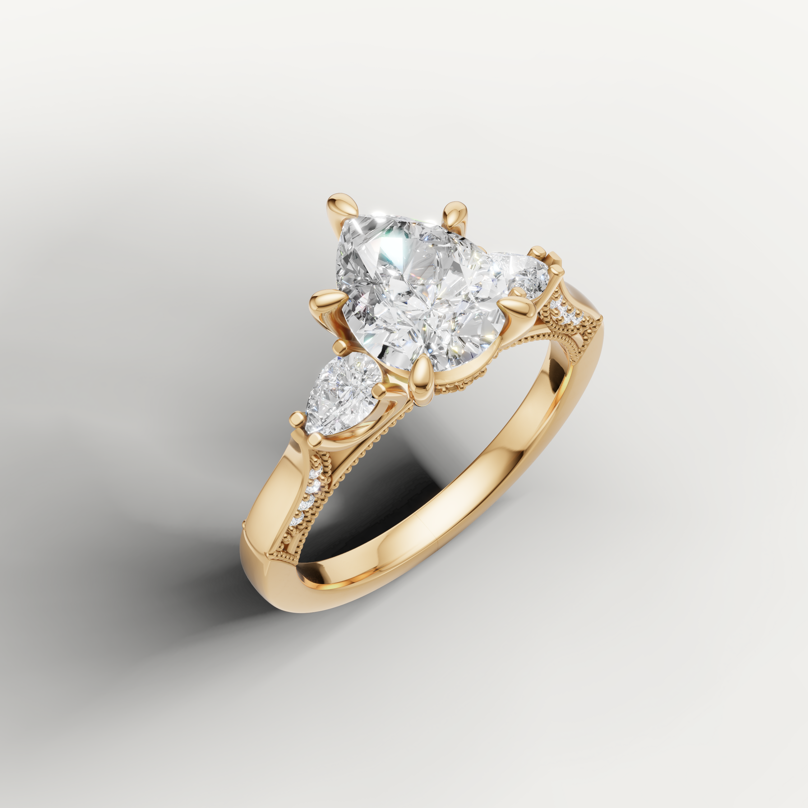 IGI certified pear lab diamond ring with matching pear accents yellow gold